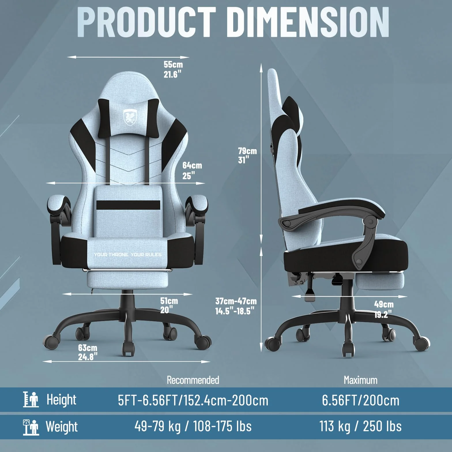 Ferghana Silla Gaming Ergonómica,Silla Gamer Tela Transpirable,Silla de Oficina con Soporte Lumbar Masaje,Asiento Elastico,Reposacabezas,Respaldo Reclinable 135°,Regulable en Altura,Azul Claro