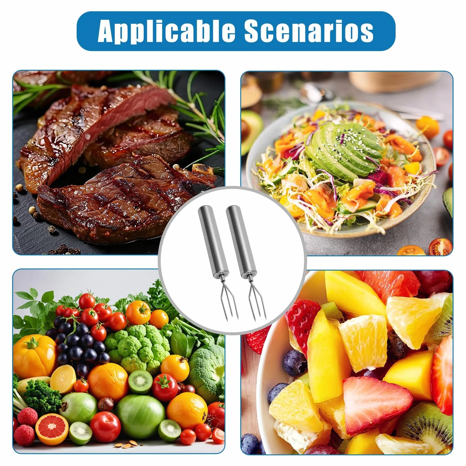 Juego de 4 Tenedores para Papas Asadas de Acero Inoxidable 430 - Pinchos para Maíz Reutilizables, Tenedores para Carne (14.5 cm) - Para Pelar, Parrilla y Camping - Ecológicos y Aptos para Lavavajillas