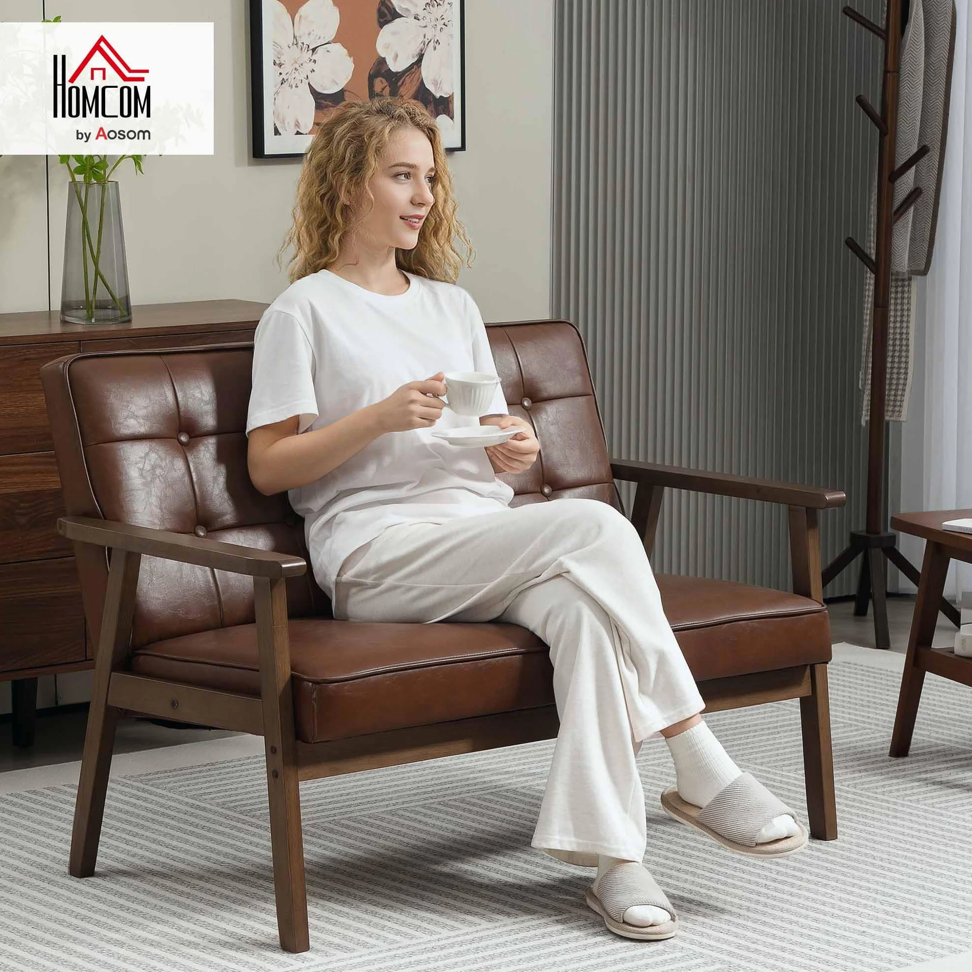 HOMCOM Sillón de 2 Plazas Sofá de 2 Plazas Tapizado en PU con Reposabrazos de Madera Respaldo Acolchado Carga 250 kg Sillón para Salón Dormitorio Marrón