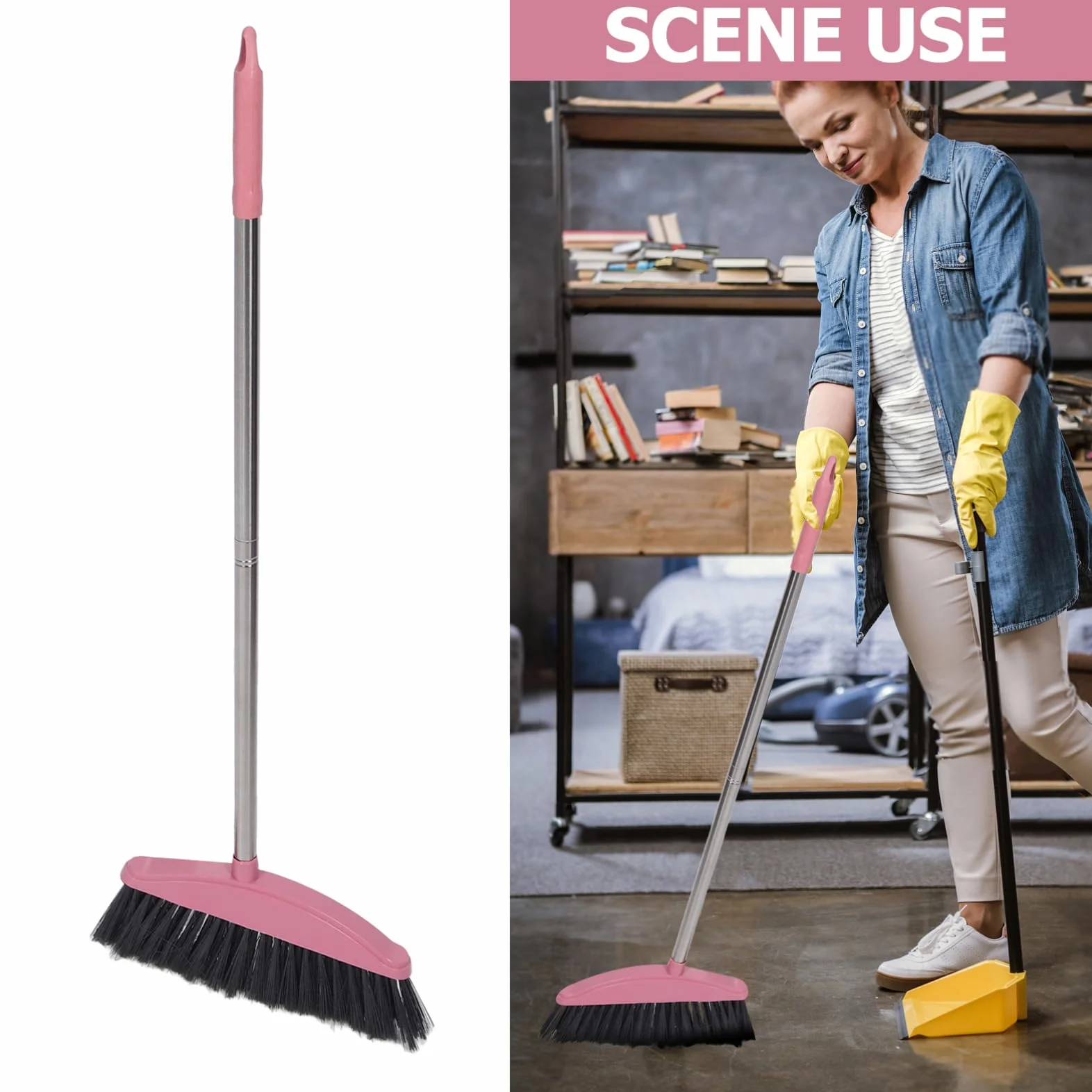 iplusmile Escoba de Acero Inoxidable Cerdas Densas y Mango Aleatorio para Limpieza Fácil de Polvo y Escombros en Baños y Garajes, Herramienta Duradera para Pisos Varios estilos