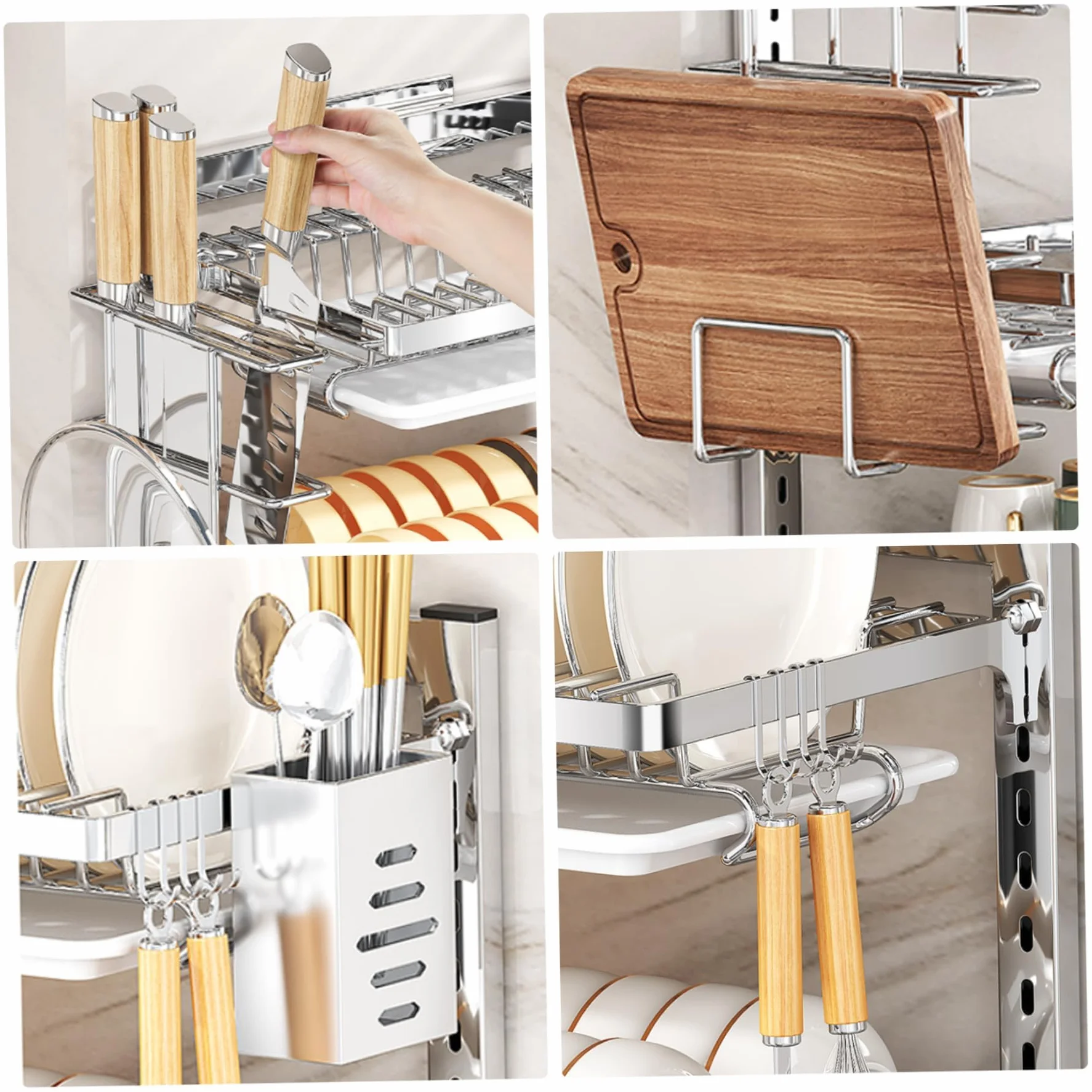 Escurridor de platos colgante montado en la pared, 2/3 niveles, ajustable, ahorra espacio, con escurridor, ganchos y soporte para cubiertos, fácil instalación sin taladrar (tamaño: 2 capas)