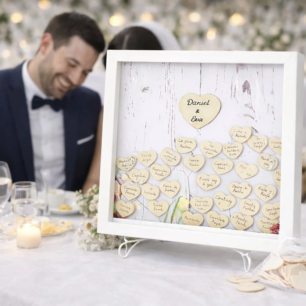 Didart Handmade Libro de visitas Boda. Firma Invitados, Tamaño 36 x 36 cm.80 Corazones Boda, Comunión, Bautizo. Marco de Madera blanco con Soporte de Hierro