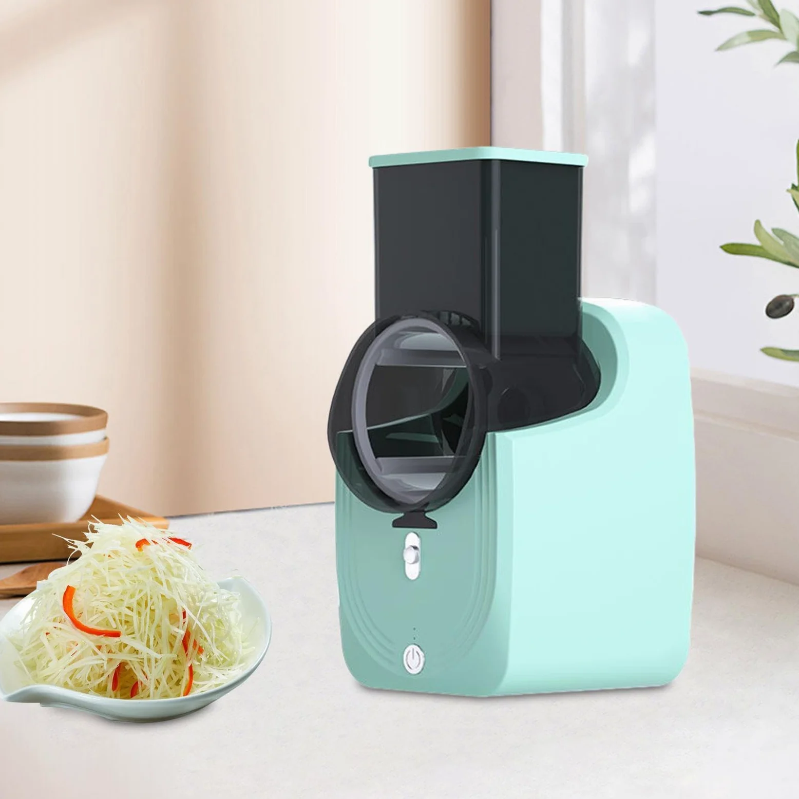 Rallador Eléctrico Rebanador Picador con 3 de Acero Inoxidable y Material Resistente Adecuado para Cocina Doméstica, Verde, Individual