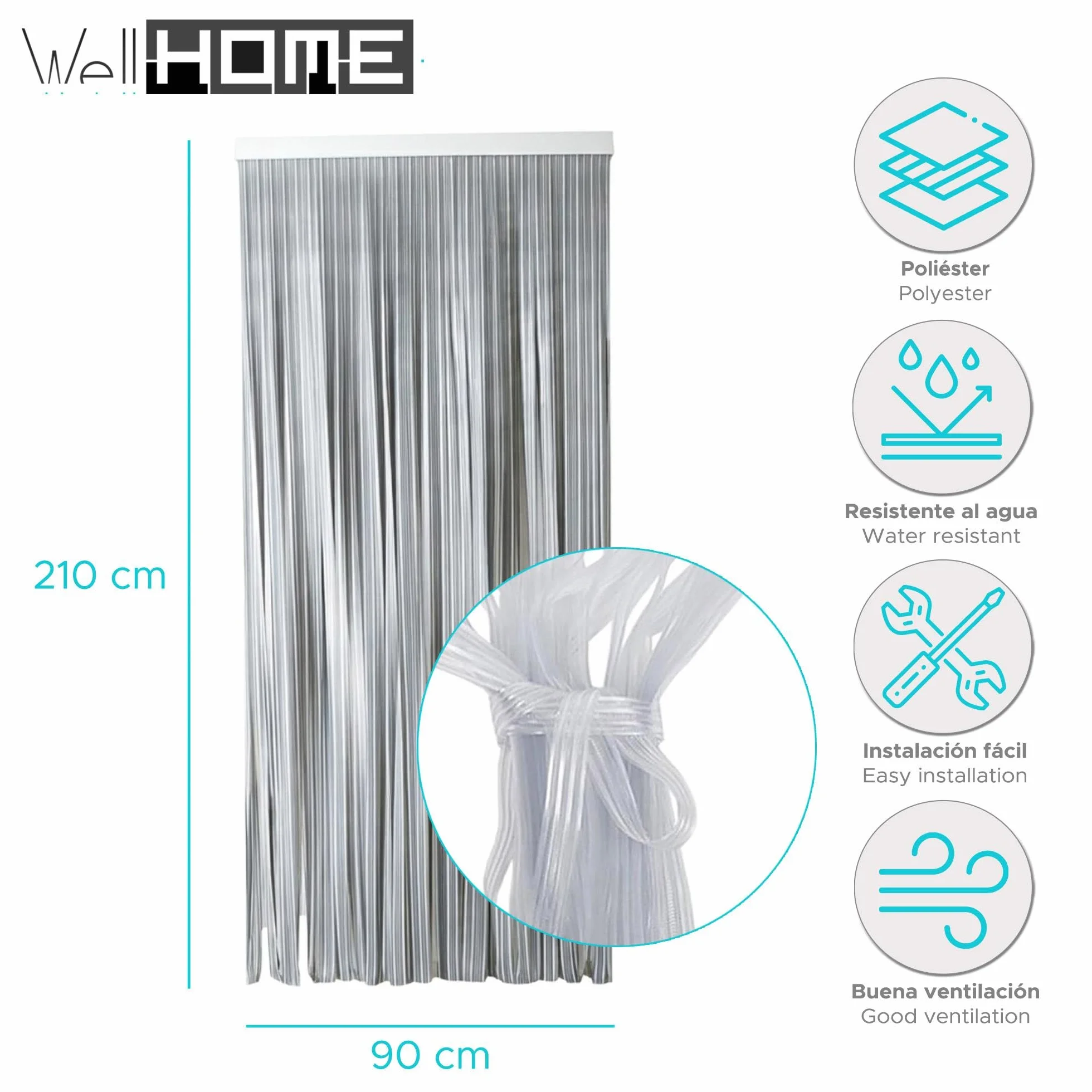 Well Home Cortina para Puertas 90x210 cm Modelo Aneto N.1 Cristal - Cortina Decorativa de Paso - Separador de Ambientes Ligera y Funcional, Unidad