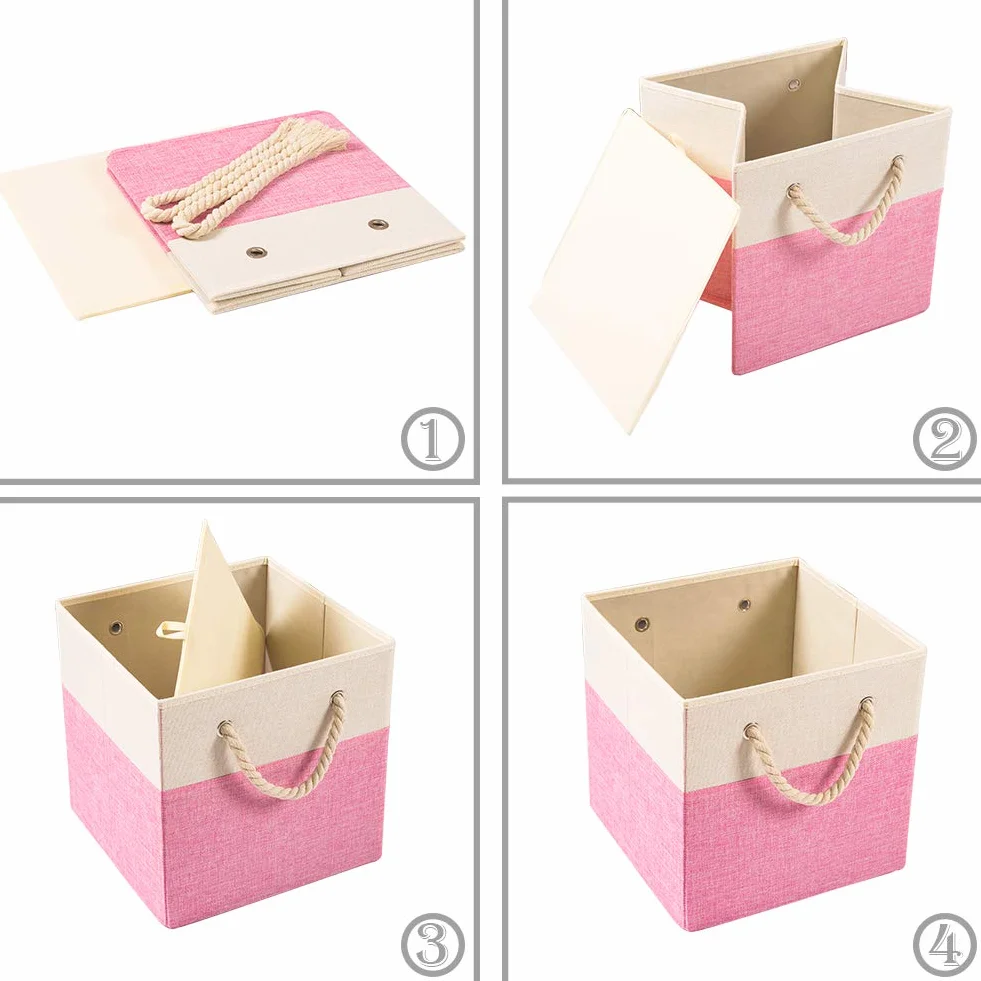 Prandom Cubos de almacenamiento plegables grandes de 33x33x33 cm [paquete de 4] Cajas de almacenaje de lino de tela Cubos Cajón con asas de algodón Organizador para estantes Rosa