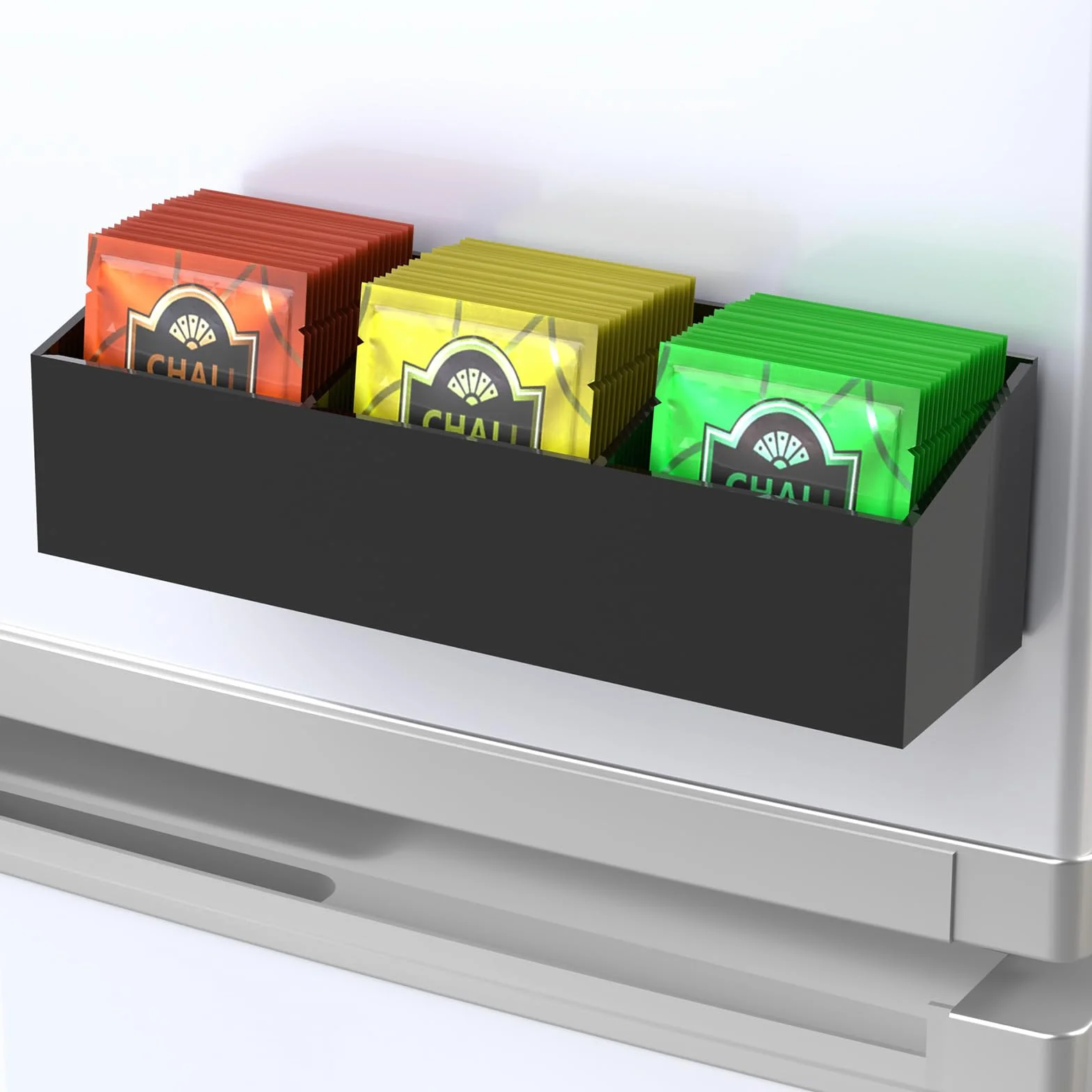 NiHome Organizador magnético de bolsas de té acrílico de tres compartimentos, solución de almacenamiento versátil para bolsas de té y artículos pequeños, diseño elegante y duradero con tamaño compacto