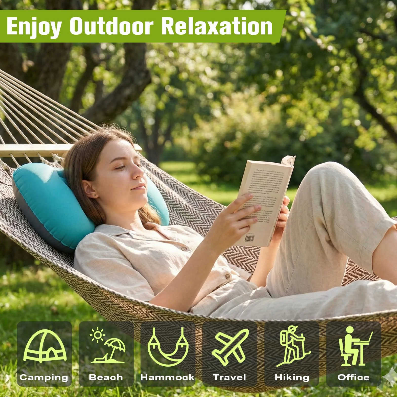 Almohada de Camping Ligera Compacta Hinchable Playa Viaje Soporte Ergonómico Acampada Senderismo (Turquesa)