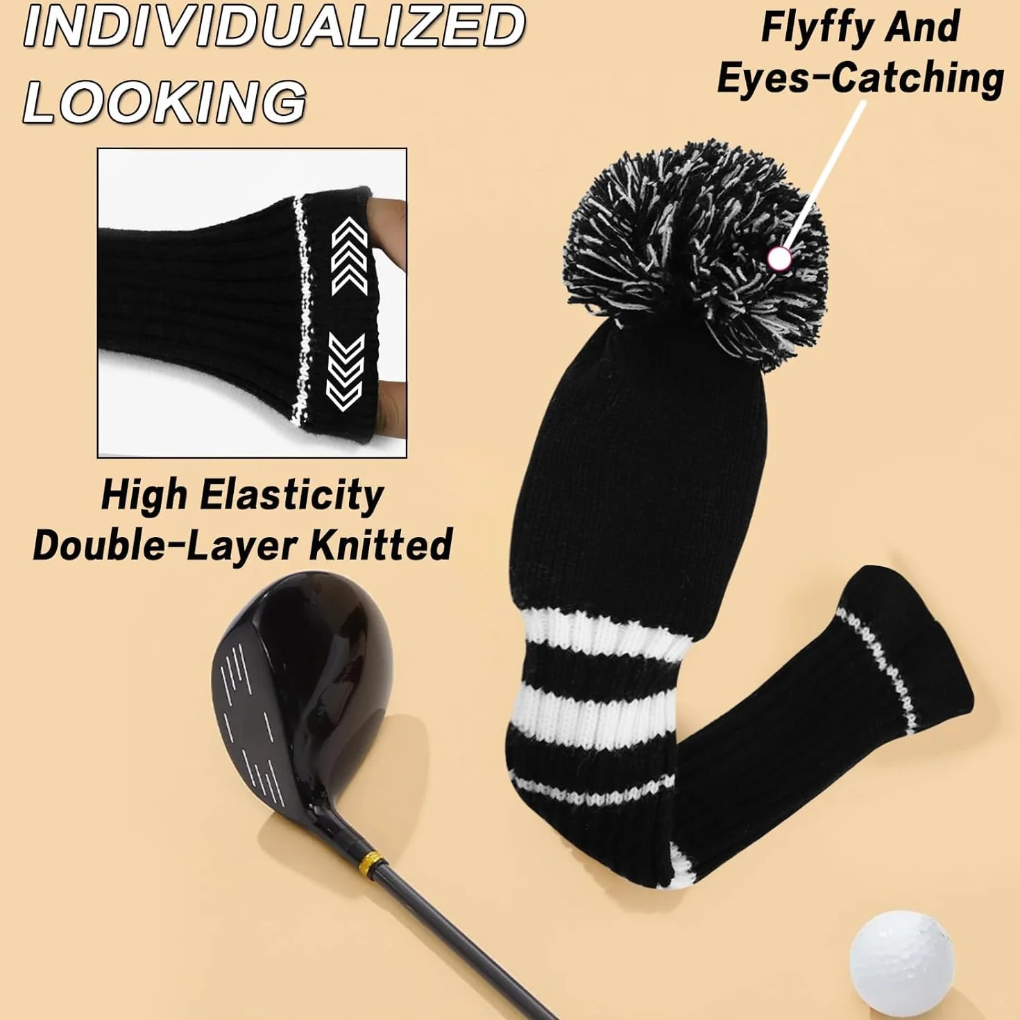 Fundas para Cabeza de Golf con Pompones Juego de 3 o 4 para Madera 1, 3, 5, Híbrido