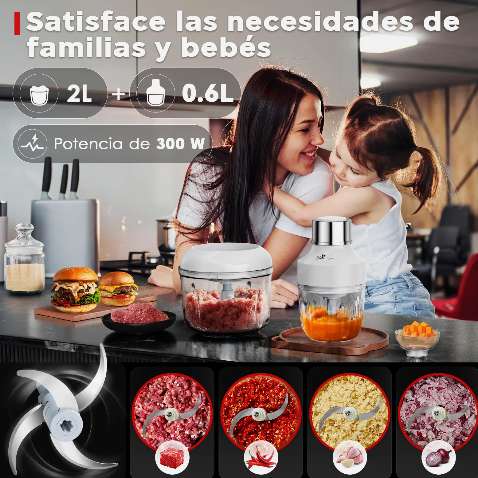 Bear 0.6l+2L Picadora de Alimentos,Clase de 2 Velocidades, Trituradora de Cocina Eléctrica, Trituradora de 300w, con 4 Cuchillas de Acero Inoxidable y Picadora de Carne
