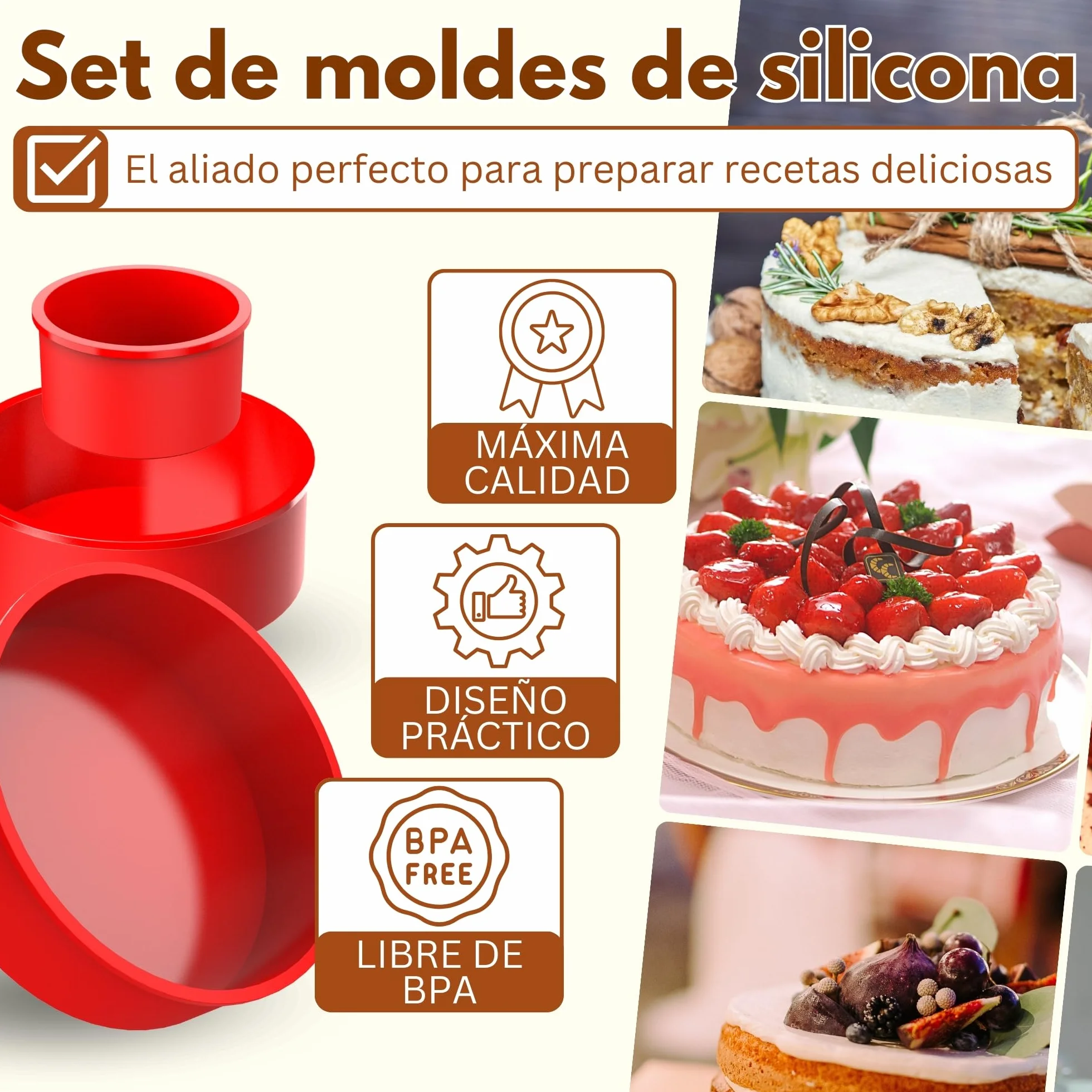 Moldes Silicona Reposteria Redondo 3Pcs | Molde para Tarta | Molde para Pastel | Molde Quiche | Molde SILICONA Bizcocho Horno | Moldes Silicona Freidora de Aire | Molde Desmontable Antiadherente