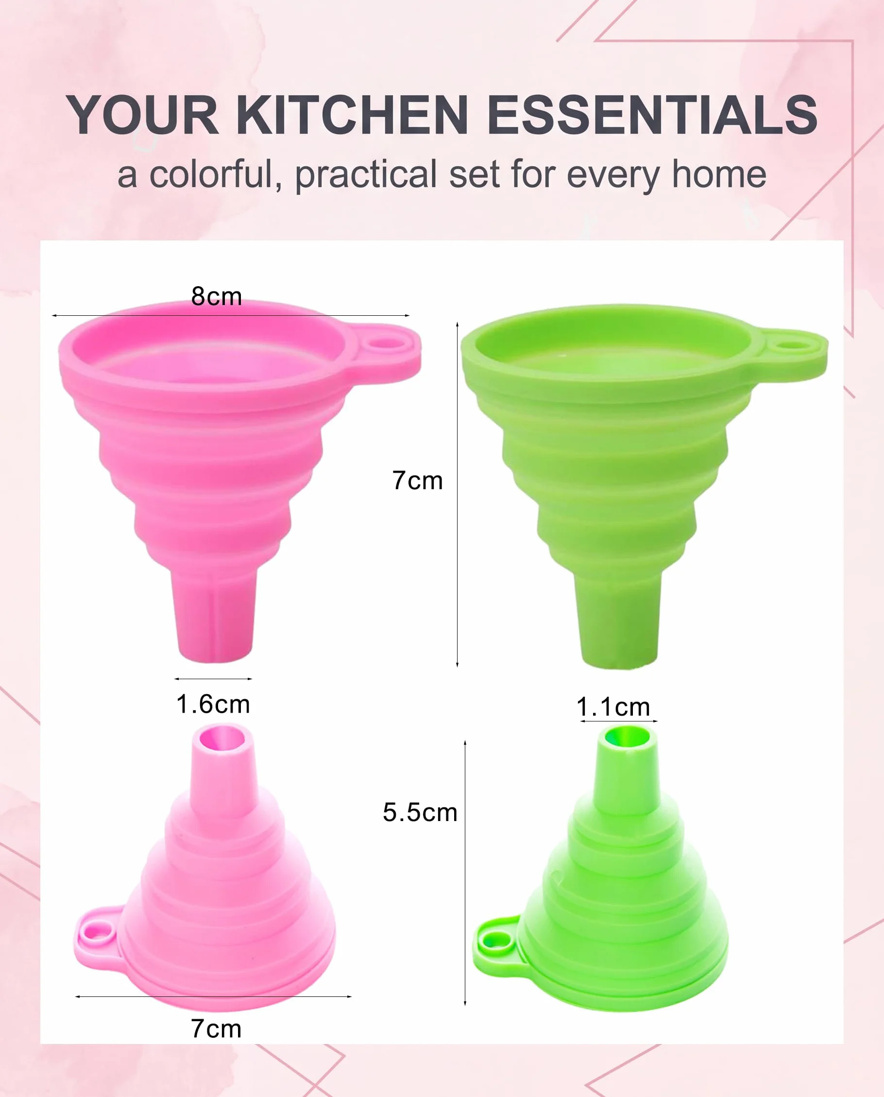4 Embudos Plegables de Silicona, 2 Tamaños en Rosa y Verde, Set de Embudos de Cocina para Líquidos como Aceite, Cerveza, Ideal para Hogar y Camping (grande y pequeño)