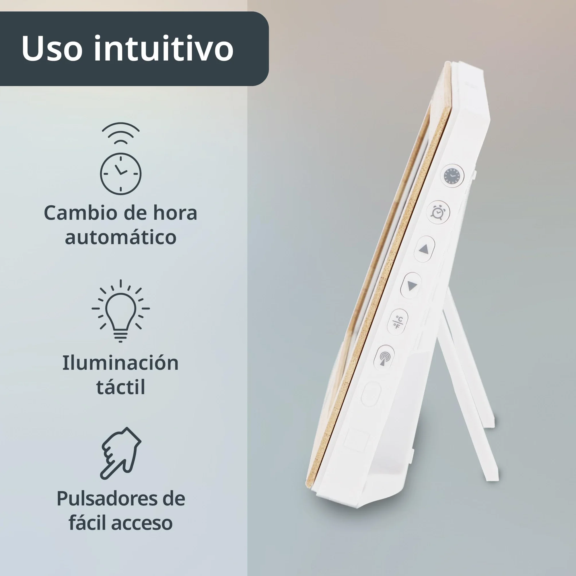 ADE Reloj Digital XL Radio-controlado con dígitos Muy Grandes | Reloj de Mesa con 2 Horas de Alarma e iluminación | termómetro higrómetro | Marco Delgado Hecho de bambú Real