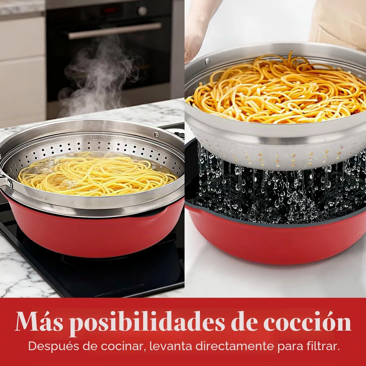 Sartén de 28 cm, juego de 4 piezas Sartén antiadherente (sartén con tapa, cesta vaporera/colador, espátula de silicona), con mango extraíble, apta para horno (Rojo-negro) | Mango desmontable, apto para todas las estufas, incluyendo inducción, sin PTFE, PF