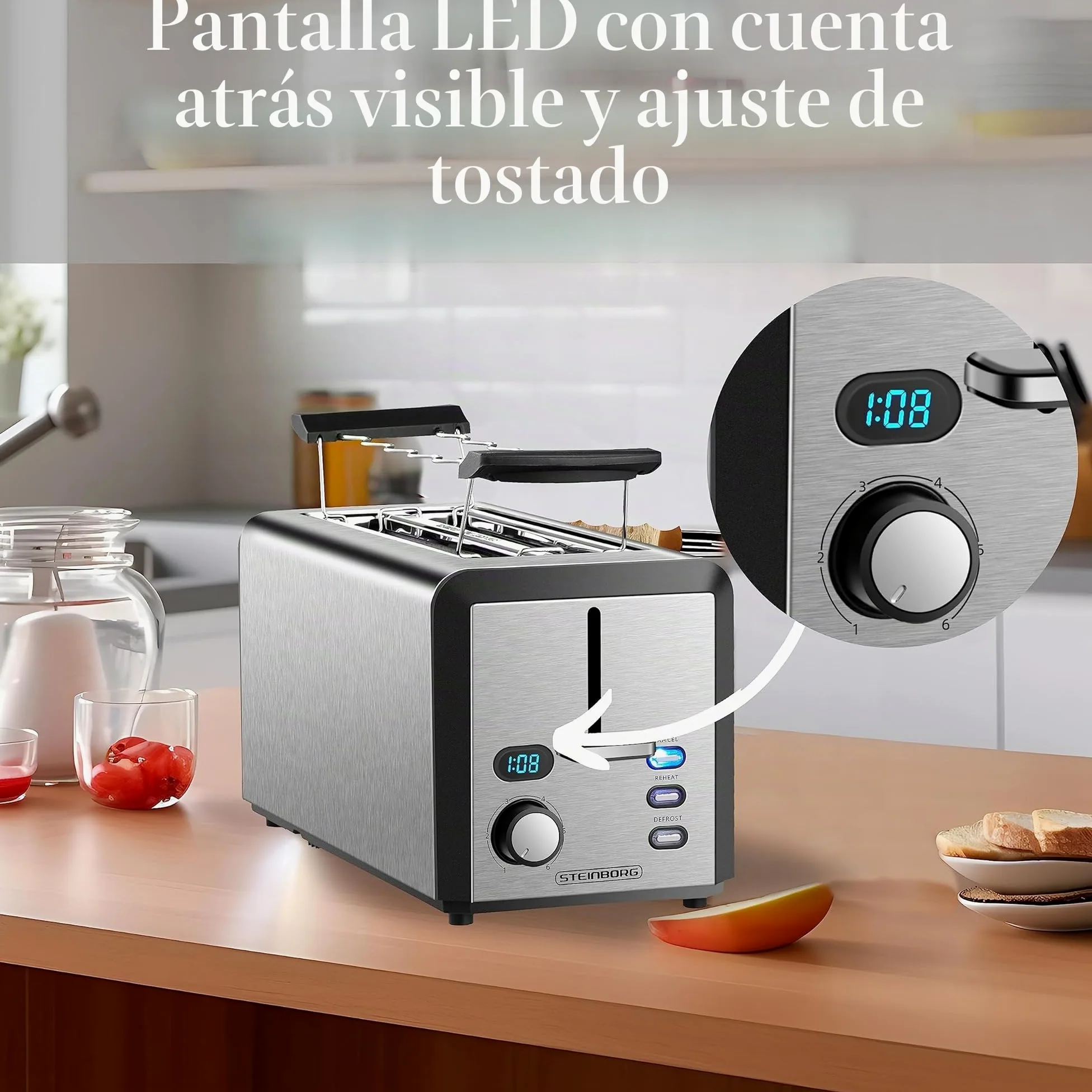 Tostadora XXL | 4 rebanadas | 1500 W | 6 niveles de control | accesorio para panecillos | función de descongelación | bandeja recogemigas | acero inoxidable