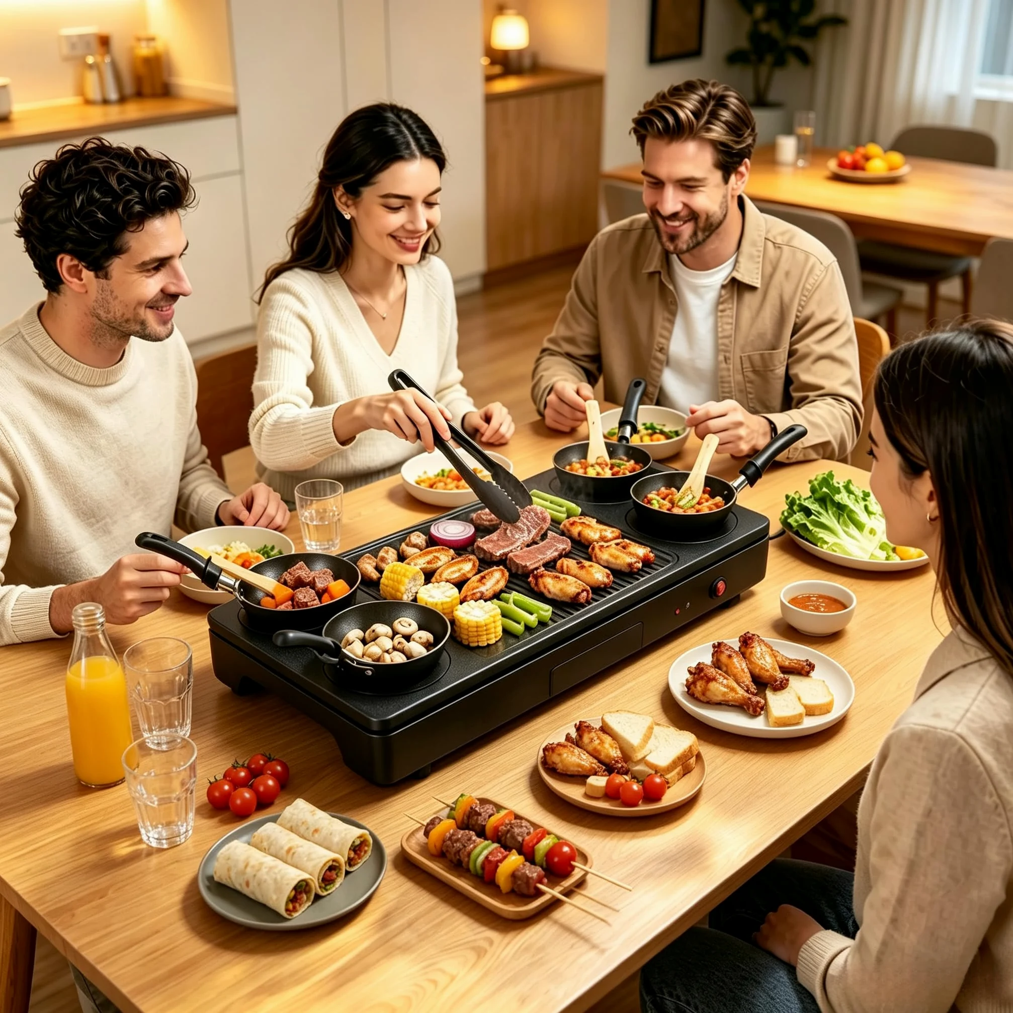 LIFEZEAL 2 en 1 Plancha Eléctrica, Grill Raclette para Familia&Grupos | Placa de cocina eléctrica con 4 woks antiadherentes, pinza para parrilla, cuchara, 4 espátulas de madera y bandeja de grasa