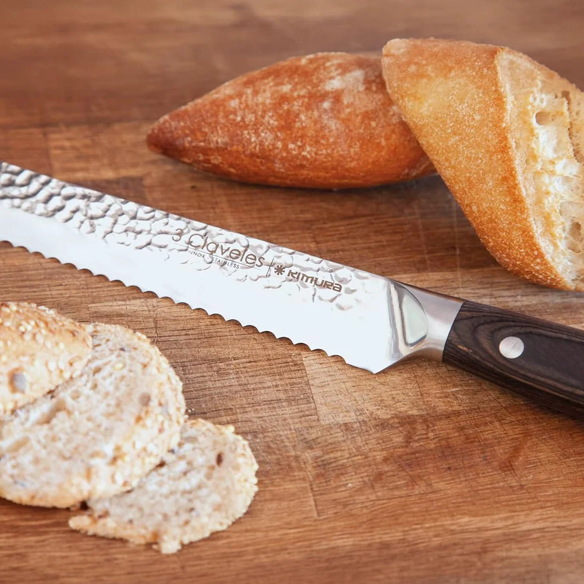 Cuchillo Panero Profesional 19cm 3 Claveles - Sierra grande Duradera para cortar para Pan, Corte Limpio en cocina, Mango Madera Pakka, Resistente"