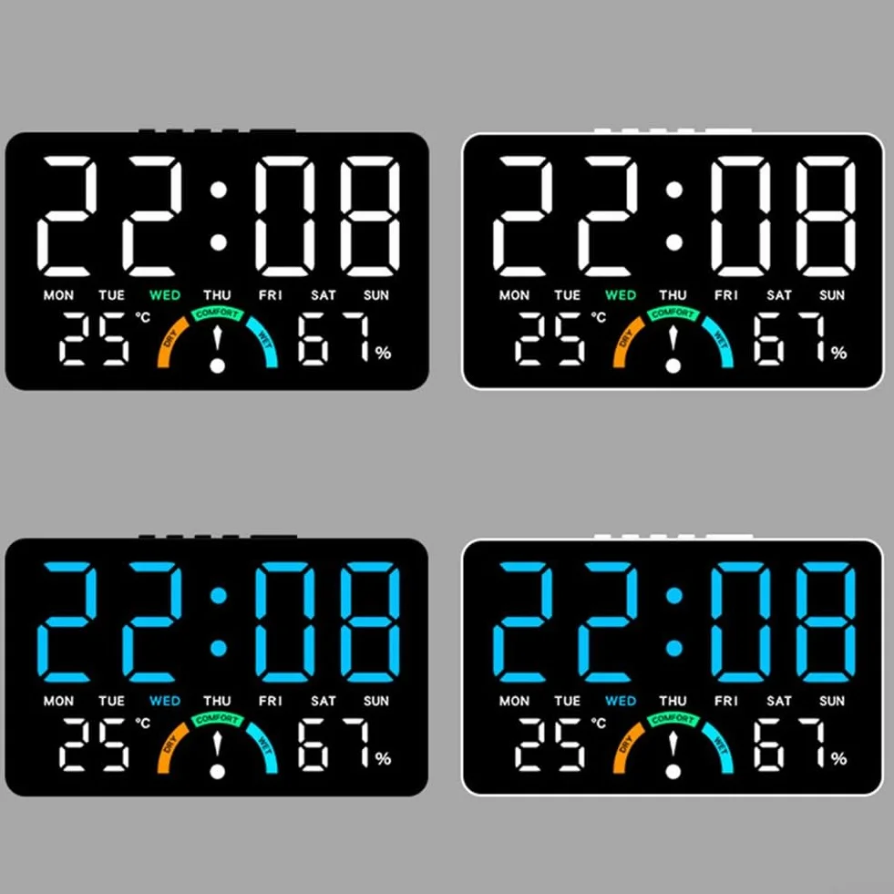 Reloj digital LED grande con indicadores de hora, humedad, temperatura, fecha, alarma y nivel de comodidad, diseñado para colgar en la pared o configuración plana (azul)