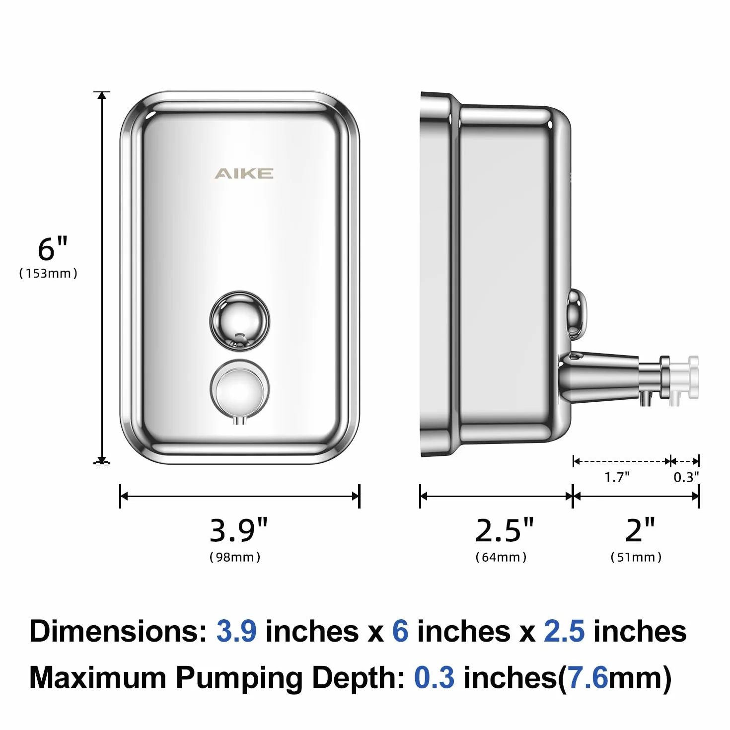 AIKE AK1001 Dispensador de Jabon de Manos, Comercial Dispensador de Jabón Pared de Acero Inoxidable Recargable (Pulido 500ML)