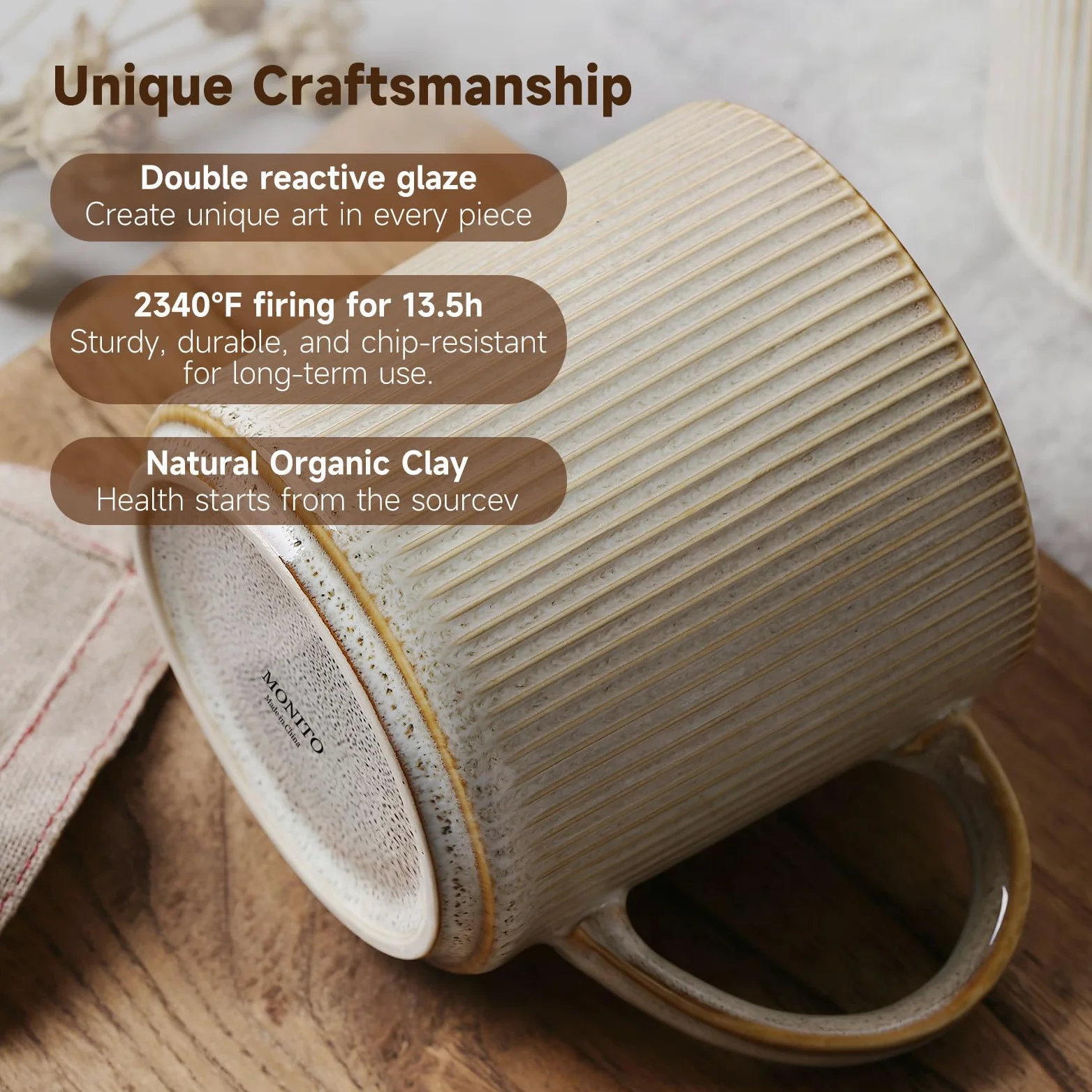 MONITO Juego de 4 tazas de café de 16 onzas, tazas de café de cerámica con asas grandes, adecuadas para latte, té caliente, capuchinos, moca y cacao, beige bonbon