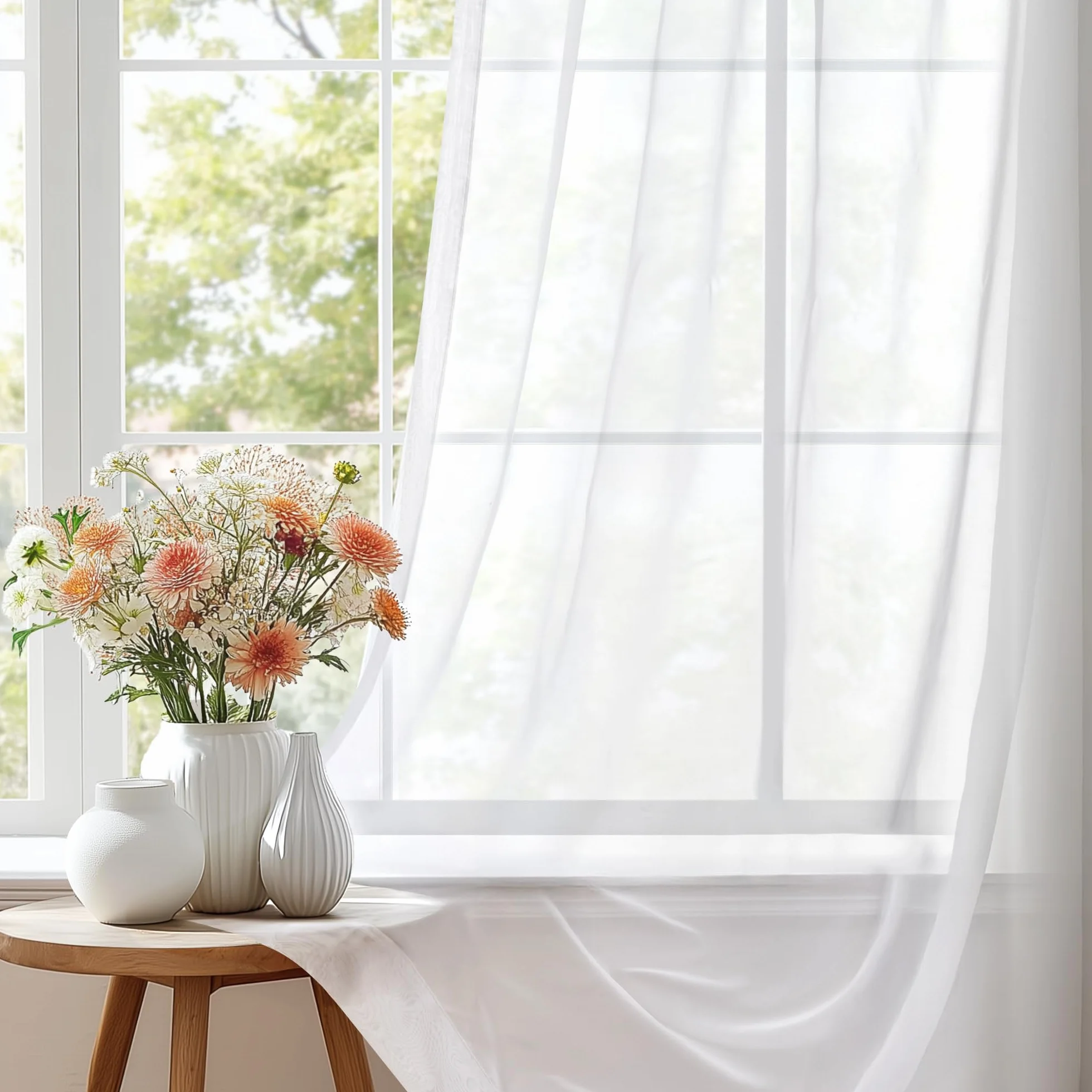 Deconovo Visillos Gasa Voile Efecto Lino Cortinas Traslúcidas 2 Unidades 132 x 242 cm Blanco
