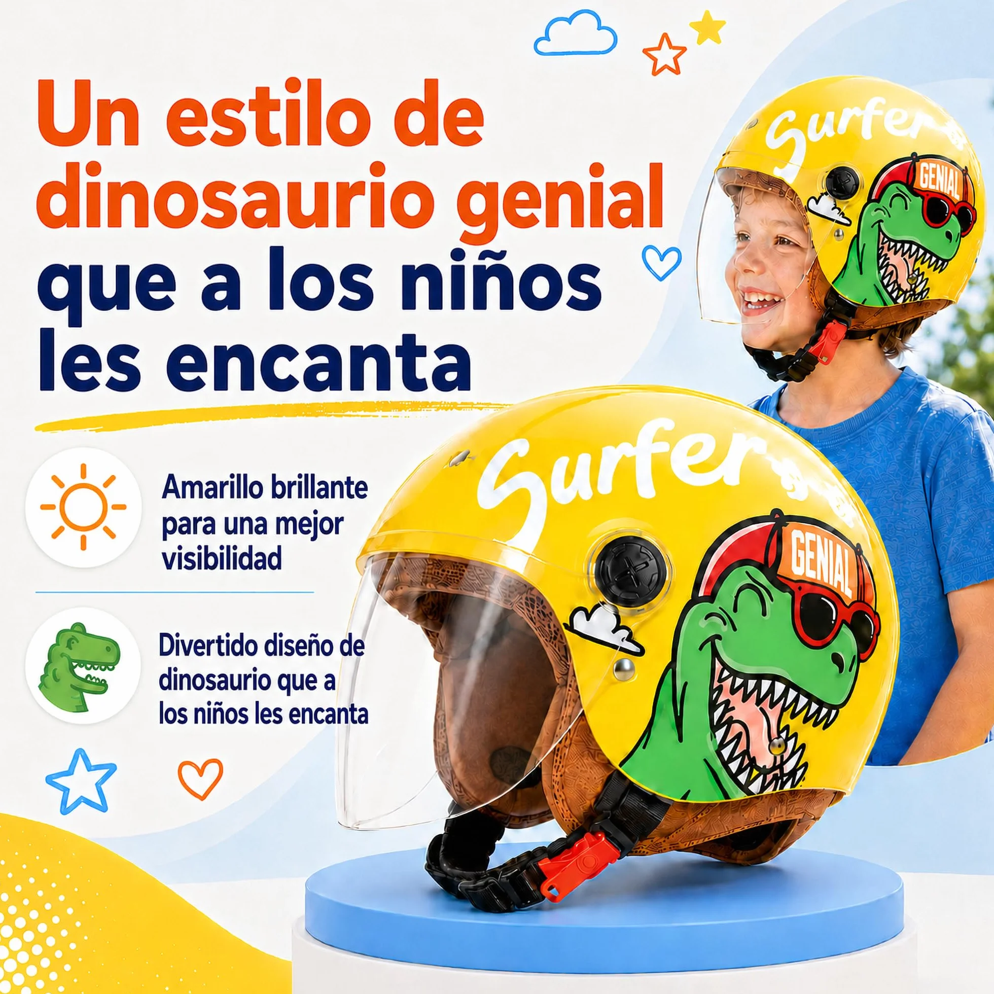 Casco Moto Niño Jet con Visera Cierre Rápido Desmontable Lavable 48-55cm Amarillo