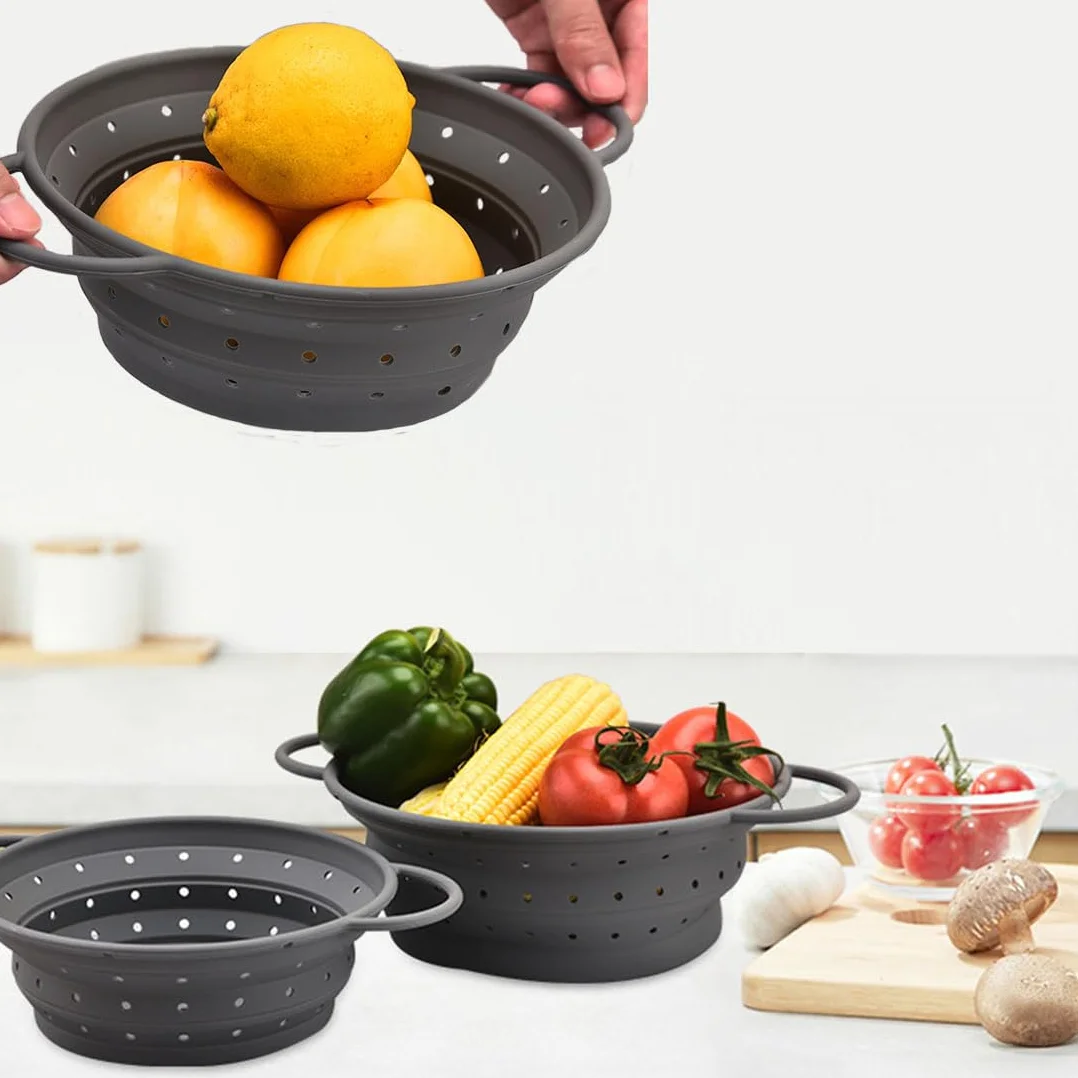 Colador de Pasta Plegable Ahorro de Espacio, fácil de Limpiar y Apto para lavavajillas - Colador de Silicona 21,5cm Gris - Ideal para cocinar y escurrir