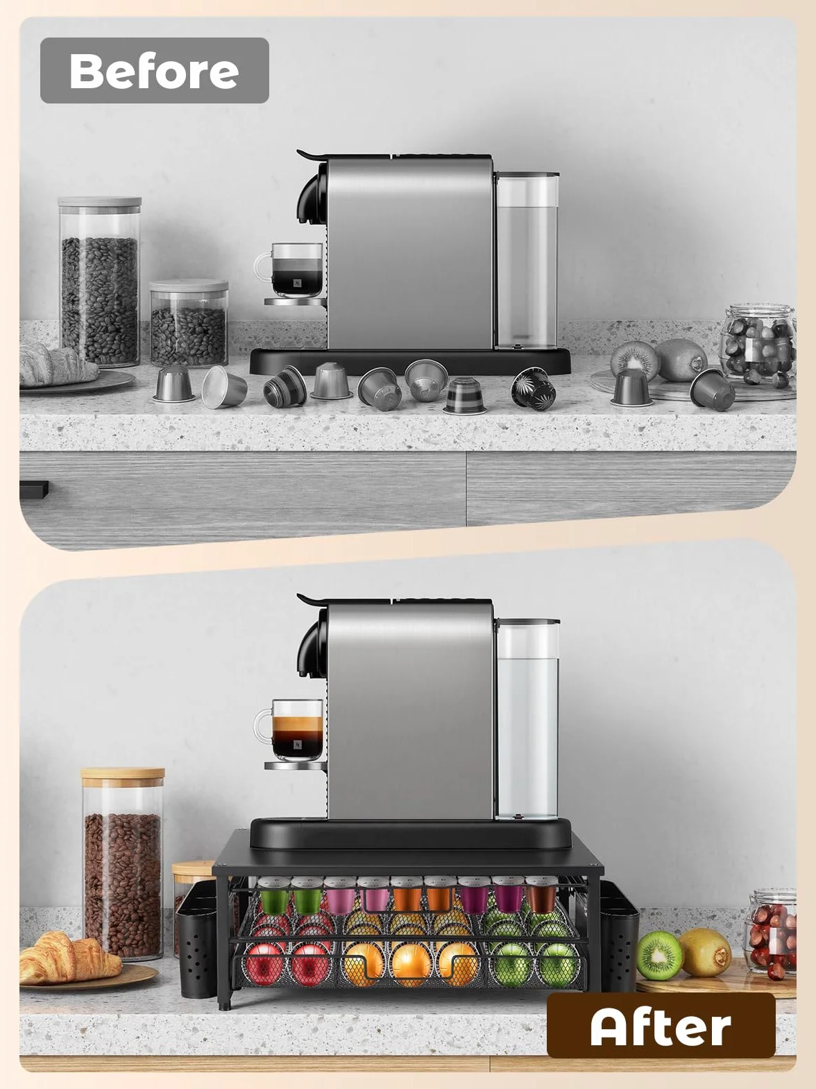 Weenkler Soporte para cápsulas de café con cajón de almacenamiento de 2 niveles – Estación de café compatible con cápsulas y máquinas Nespresso – 39,5 x 25,5 x 16,5 cm