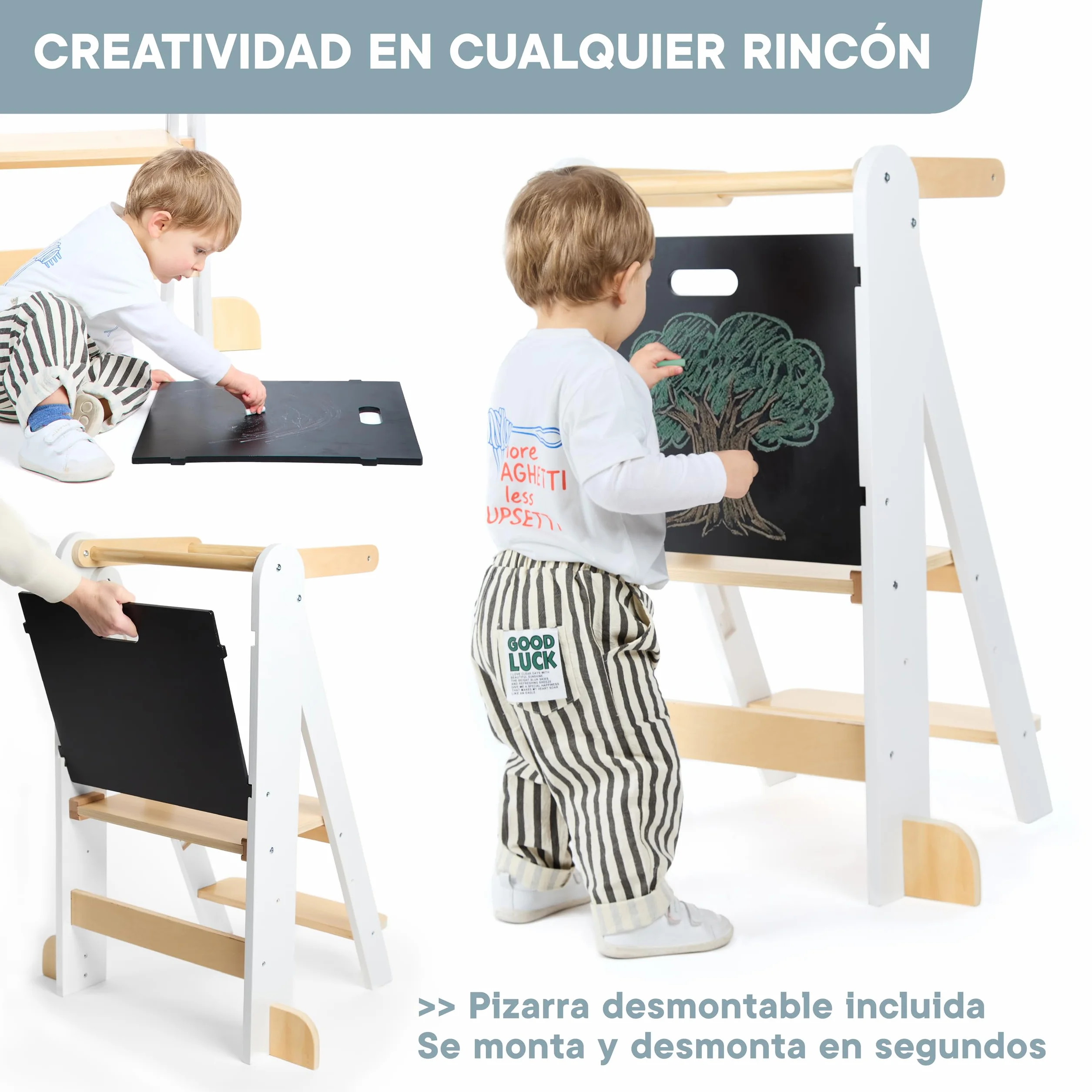 Torre de Aprendizaje Plegable Premium, Ajustable 2 Alturas, Diseño Nórdico con Pizarra Desmontable, Patas Anticaída