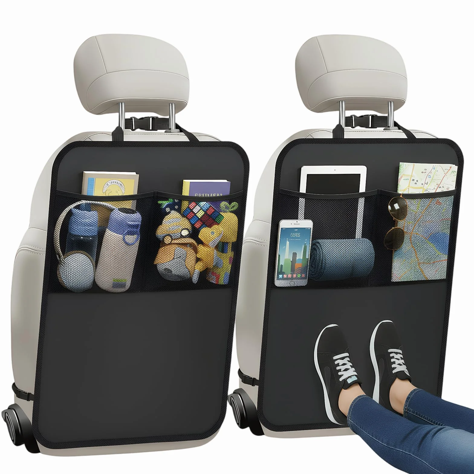 Protector de Asiento de Coche Resistente al Agua, 2 Piezas 45 x 60 cm Asiento de Coche con 2 Bolsillos de Malla, Protección para la Parte Trasera de los Asientos Delanteros