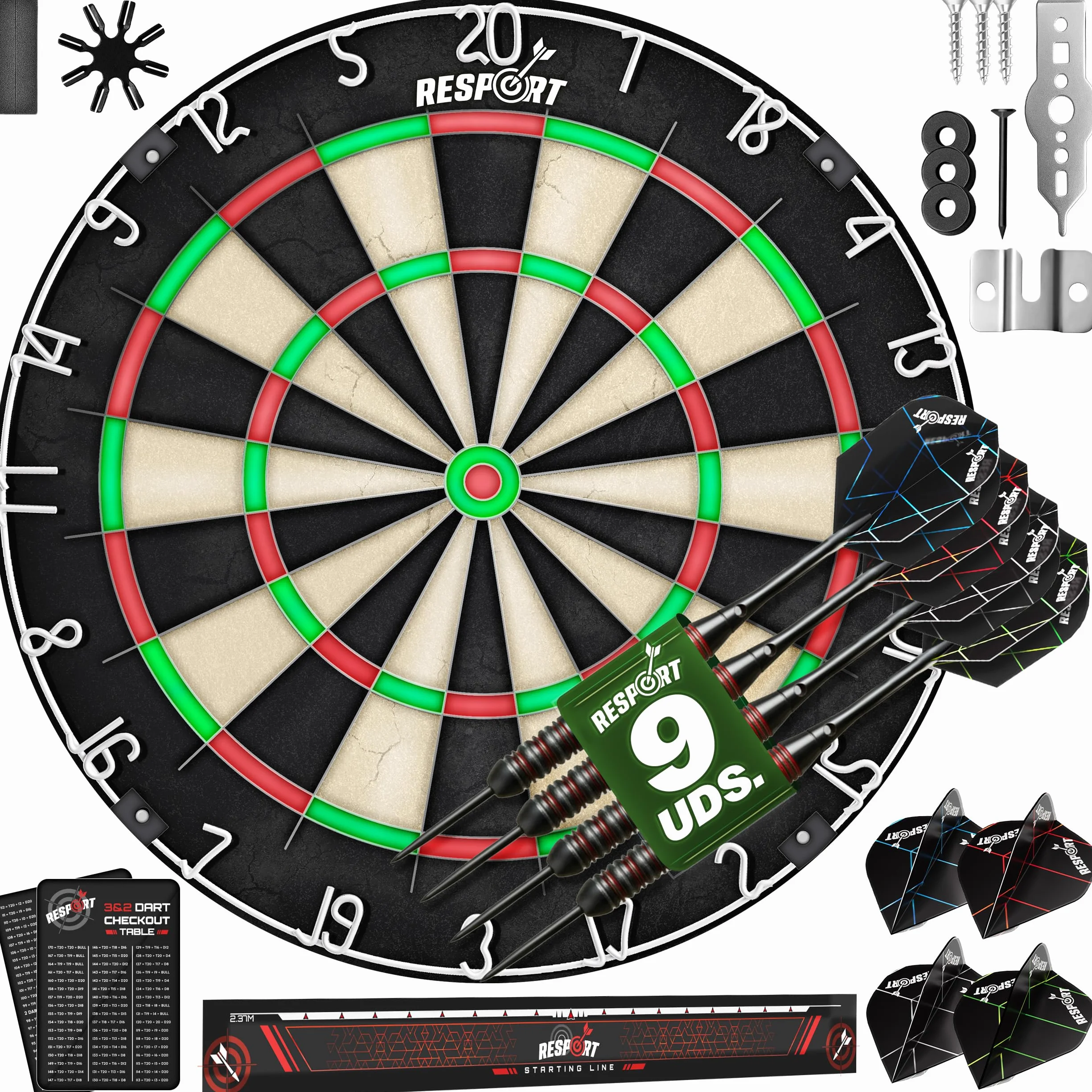 RE:SPORT Diana XXL con 9 dardos profesionales + 24 plumas Pro + accesorios dardos de acero