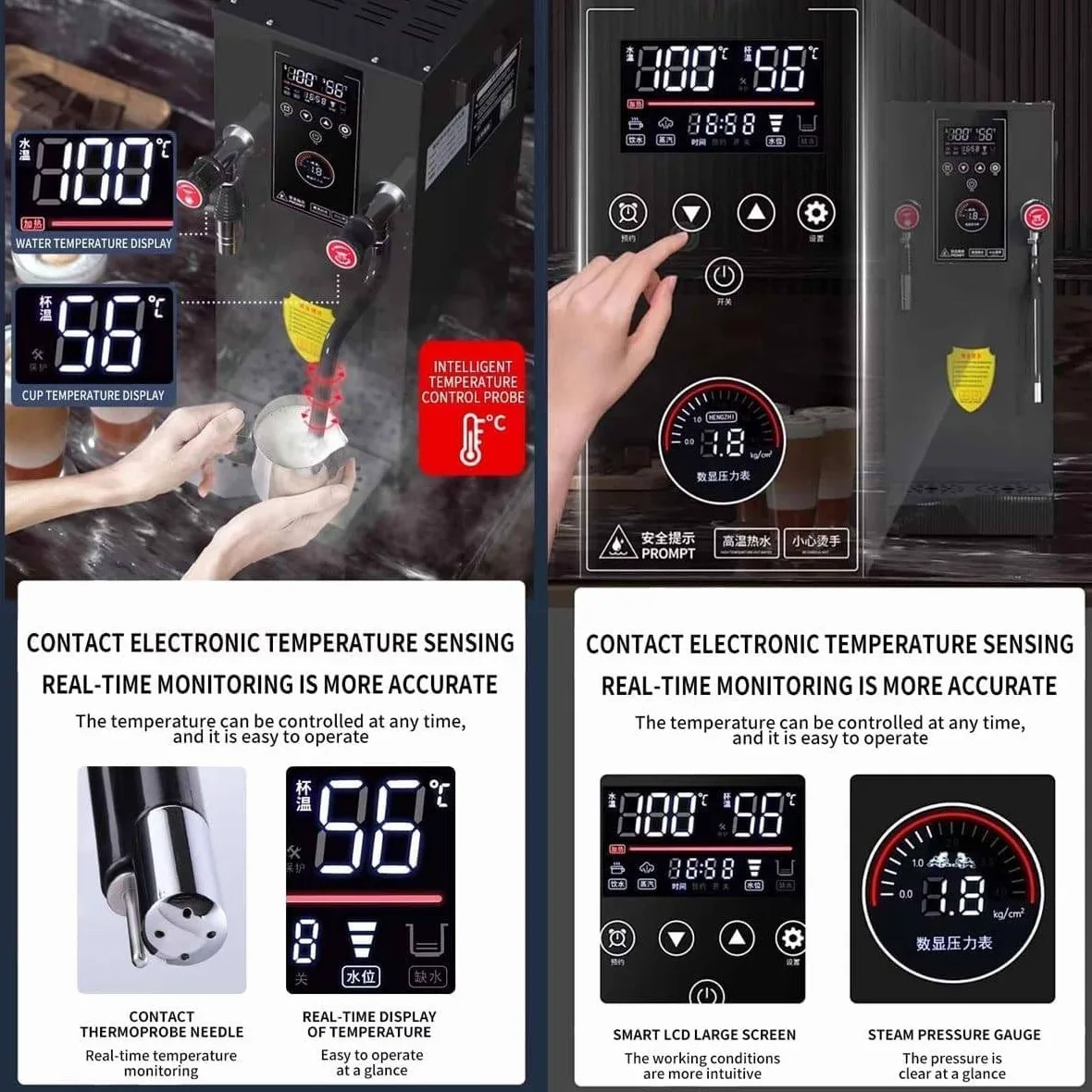 Espumador de leche comercial, hervidor de vapor de alta potencia de 2500 W con pantalla LED de temperatura, tanque interior de acero inoxidable, boquilla de liberación de presión profesional para