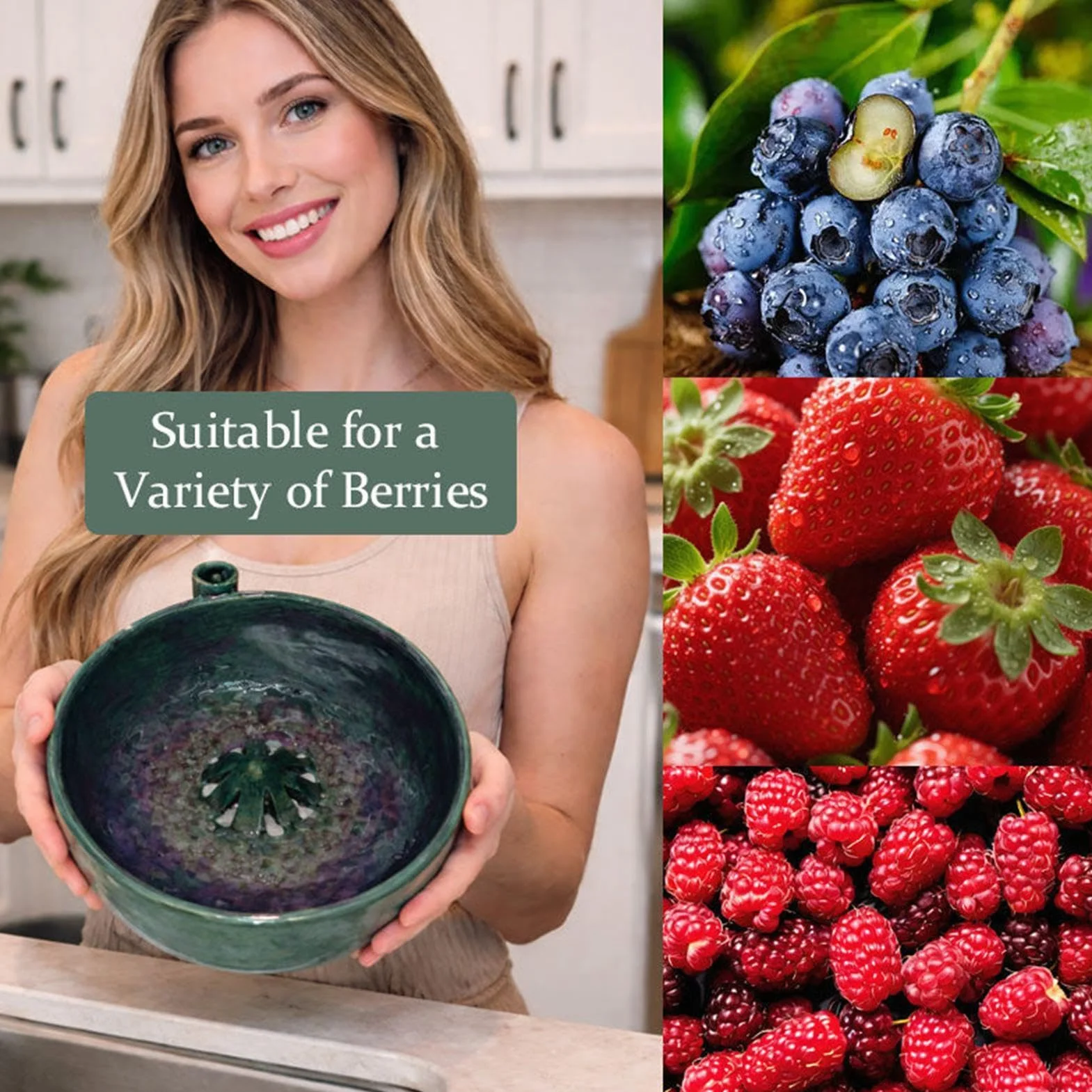 Cuenco automático para lavar bayas, de cerámica, 1 cuenco de lavado de bayas con drenaje, limpiador de bayas multifuncional para cocina, para hacer ensaladas de moras, fresas, uvas