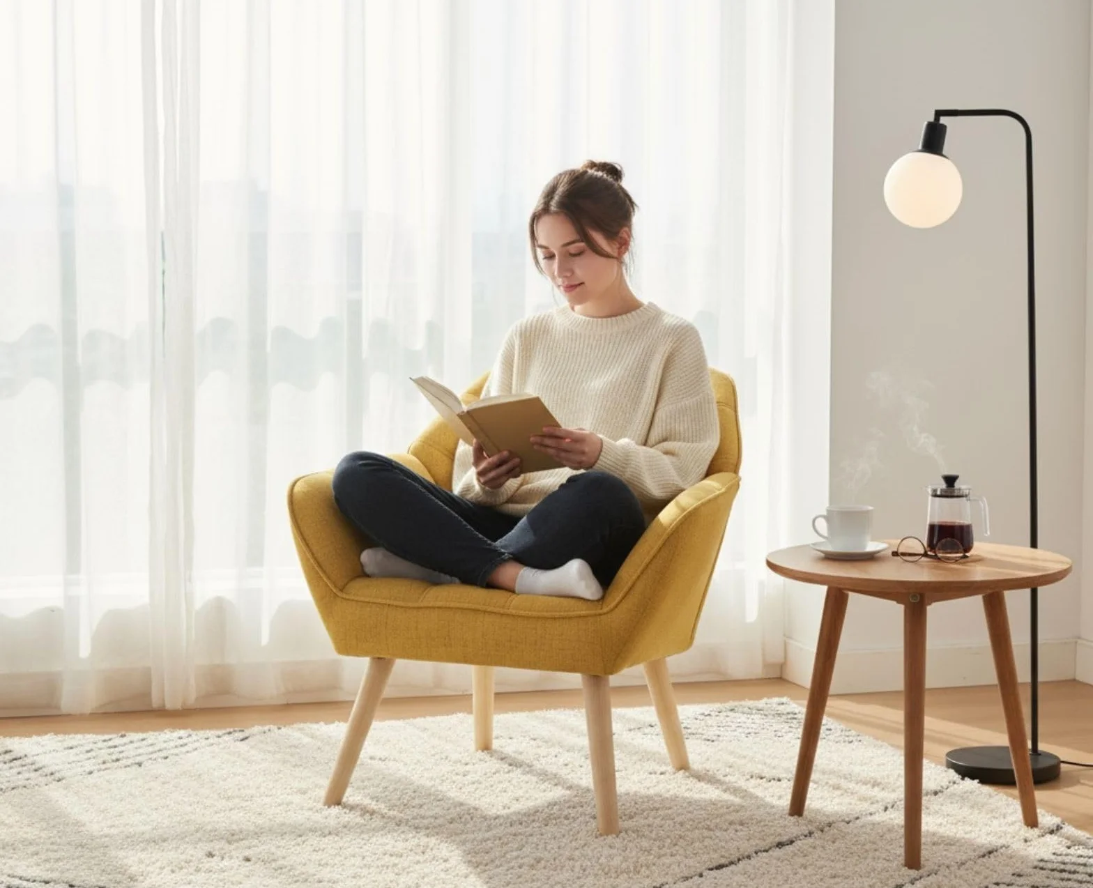 Ya-Home Juego de 2 Butacas Dormitorio de Salon Moderno de Lino con Brazos, Sillones para el Salón Individual con Patas de Madera, Sillón Habitacion para Dormitorio/Salon,Amarillo