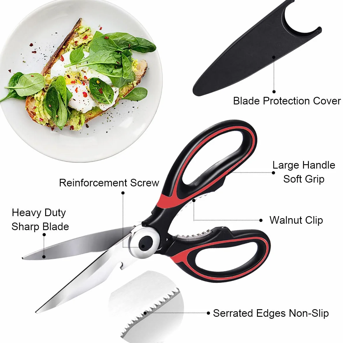 Tijeras de Cocina Multifunción Profesionales Con Funda Protectora - Acero Inoxidable Para Pollo, Carne, Verduras, Hierbas, Barbacoa (Rojo)