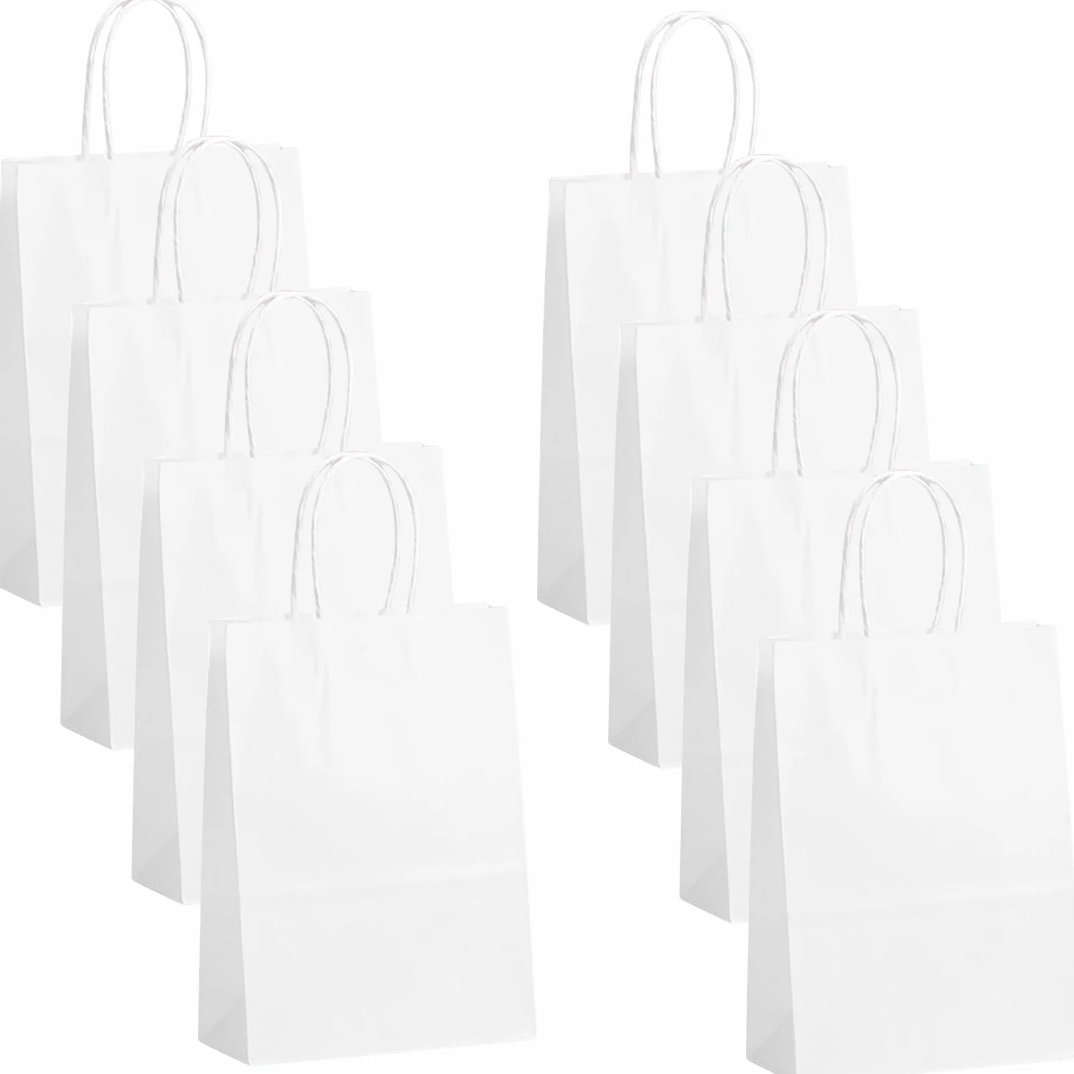 POPOYU 30 bolsas pequeñas de papel para fiestas con asas, 15 x 8 x 21 cm, bolsas de regalo de papel blanco para fiestas de adultos, cumpleaños, bodas, Navidad, Halloween, baby showers, despedidas de