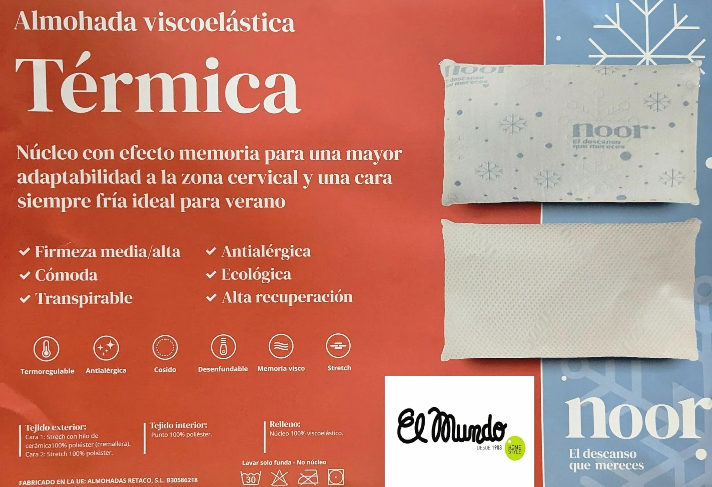 Almohada VISCO TÉRMICA Noor - Blanco, 070 cm.