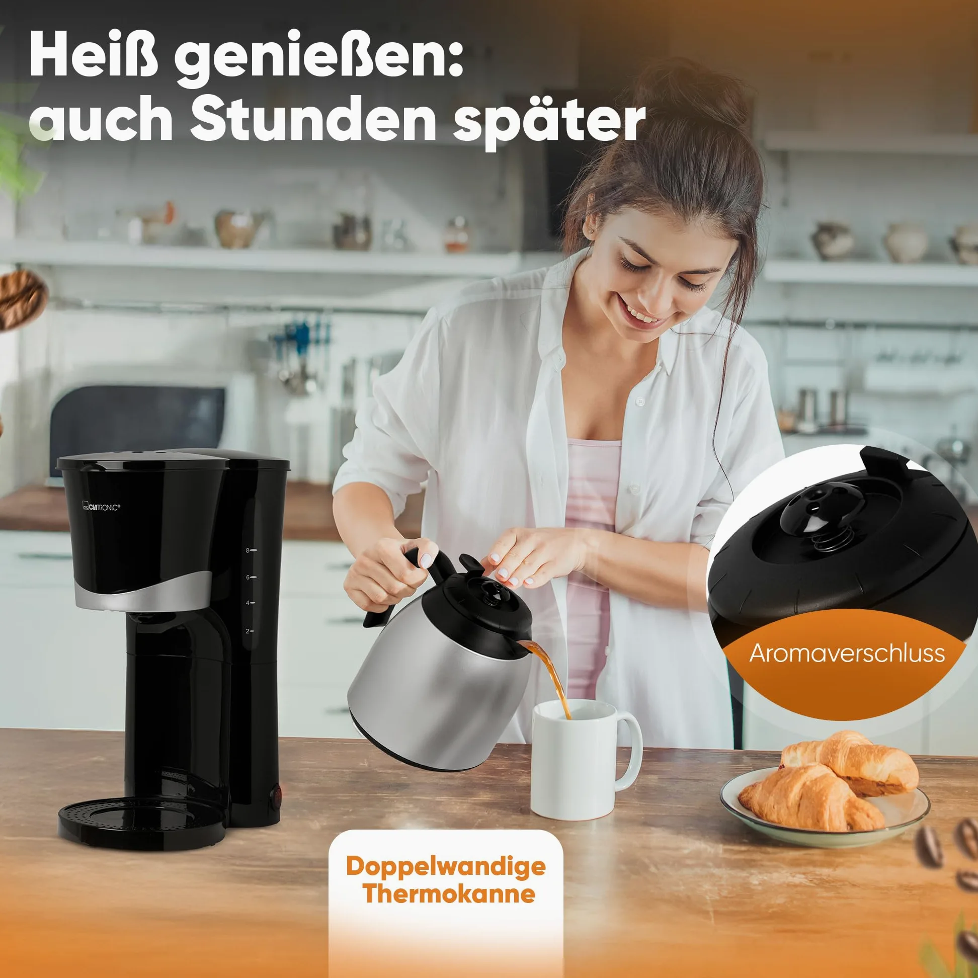 Clatronic Cafetera para 8-10 tazas de café de filtro, con jarra térmica, sistema antigoteo y desconexión automática, filtro extraíble, indicador de nivel de agua aproximativo 1 litro, KA 3327 negro