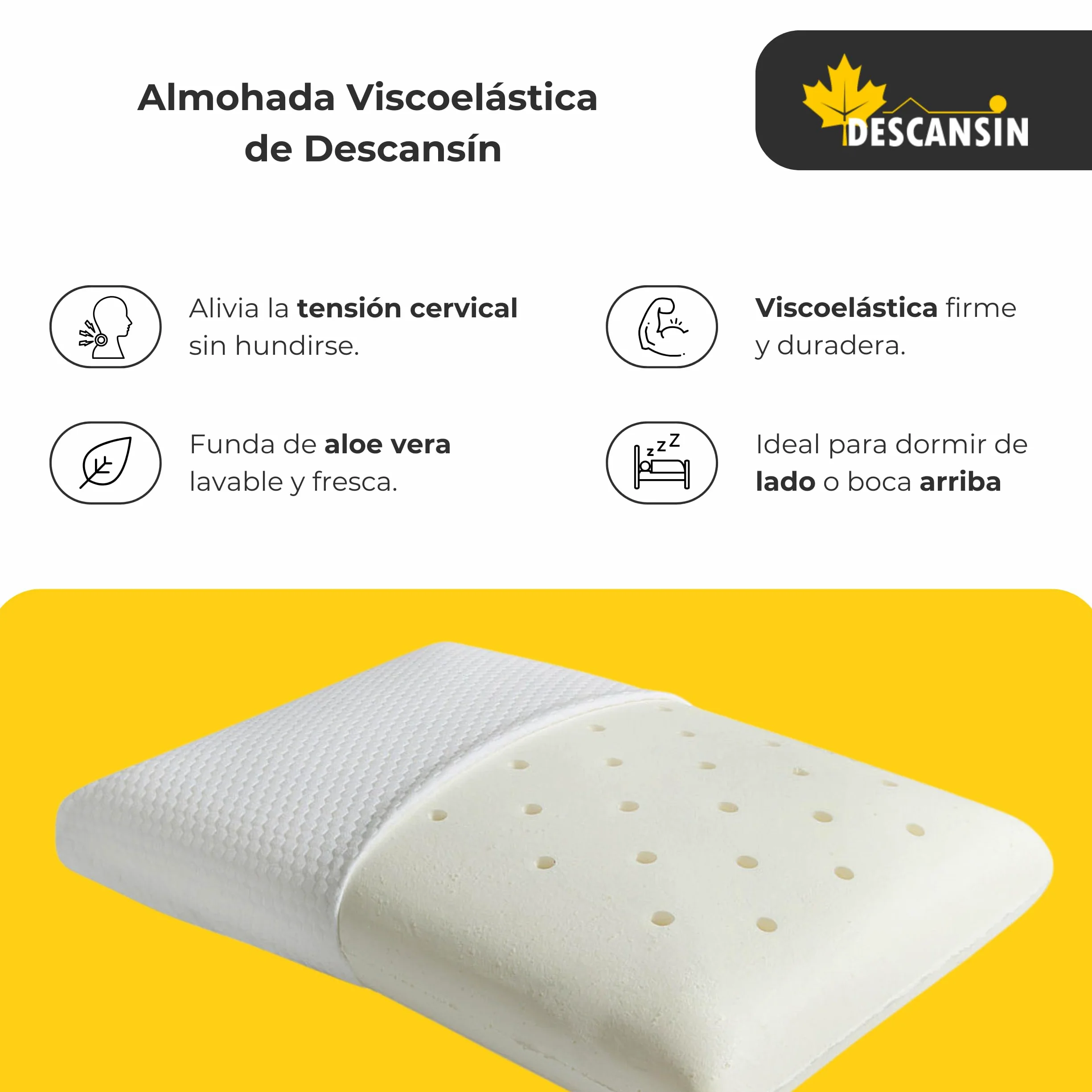 DESCANSIN - Almohada Viscoelastica Aloe Vera | Calidad y Firmeza para Problemas Cervicales | Almohada Viscoelastica Buena y Duradera | Doble Funda De Aloe Vera Fácilmente Extraíble y Lavable (120cm)