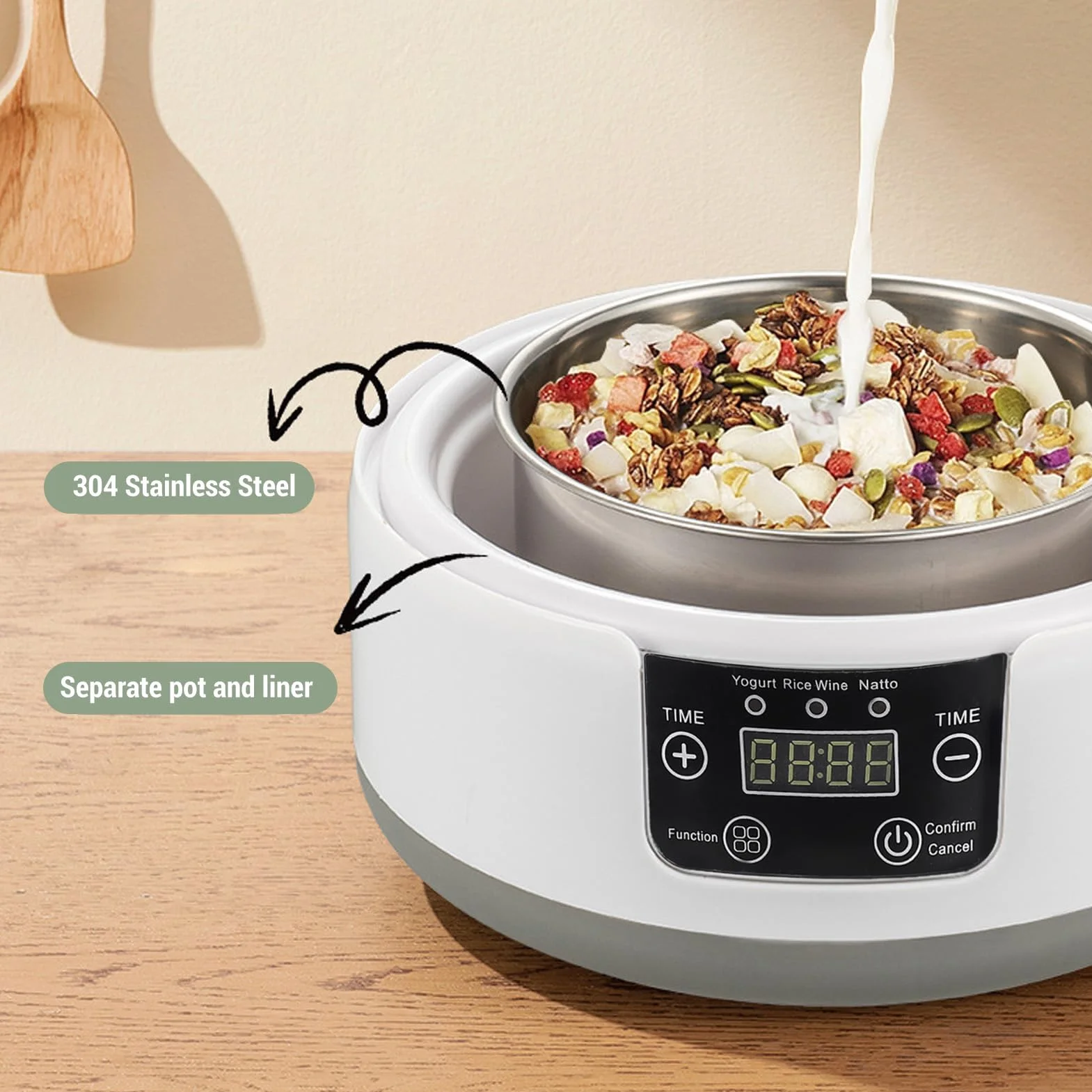 Respicefinem Máquina eléctrica para hacer yogur 1 Máquina para hacer yogur y natto casera de 2 litros con revestimiento de acero inoxidable Incubadora doméstica pequeña y fácil de
