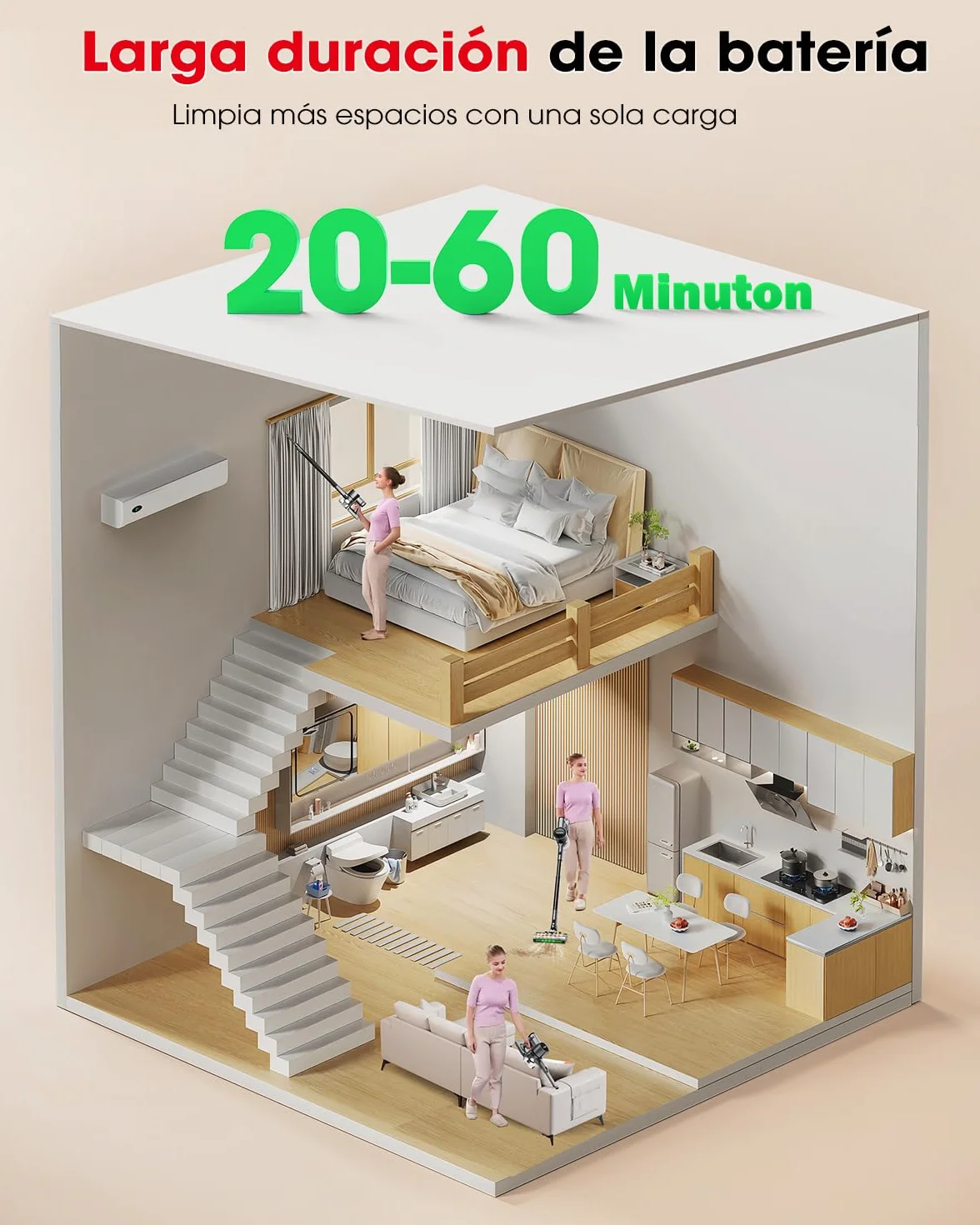 Aspiradora sin Cable Potente Succión de 45 kPa 500W Hasta 60 Minutos de Autonomía Resistente a Enredos Aspiradora Escoba Recargable con Soporte de pared para Pelo de Mascotas y Suelos de Madera