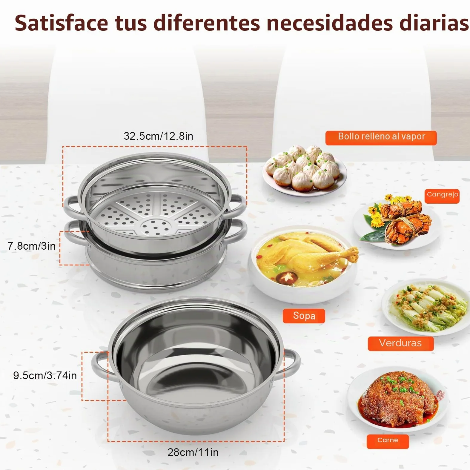 MINRS Olla de vapor de 3 capas, Vaporera para Olla, con tapa de cristal, 28 cm, acero inoxidable, multifunción, para cocinas de inducción, estufas eléctricas de cerámica, hornos eléctricos o de gas