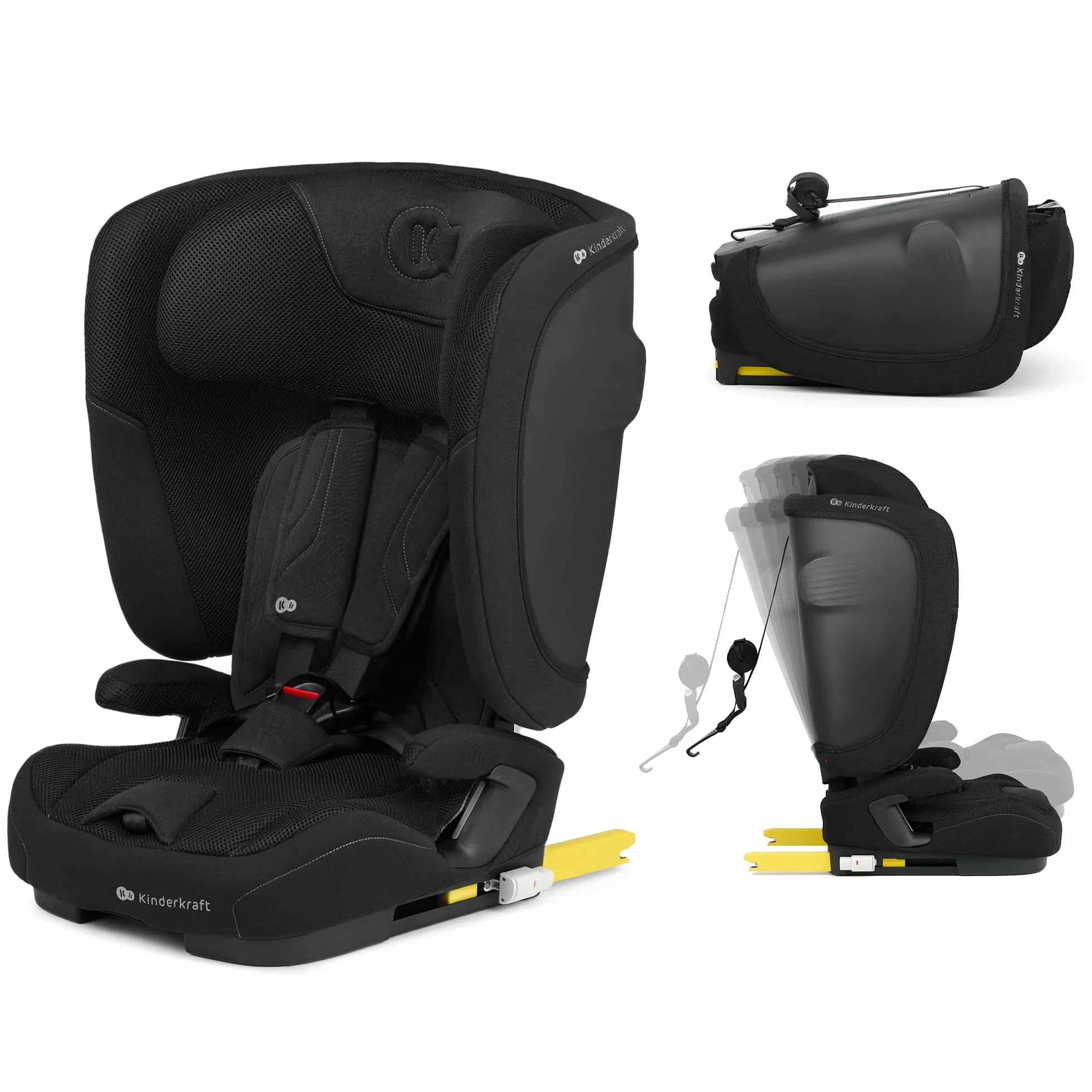 Kinderkraft FIX2GO Silla infantil i-size, 76-150 cm, base Isofix, Top Tether, sensores electrónicos, hasta aprox. 12 años, sistemas de seguridad, tapizados premium, reclinables, Negro