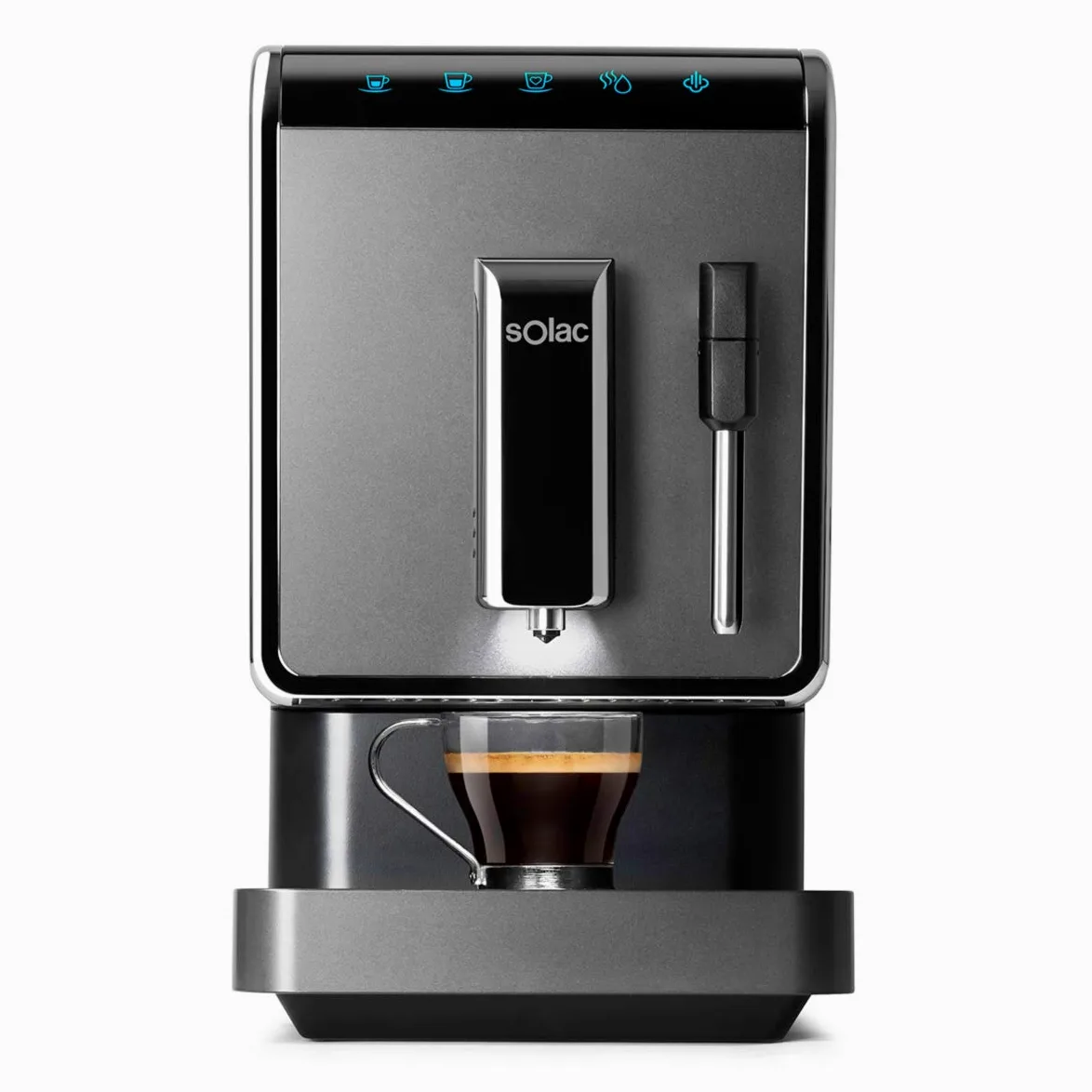 Solac - Cafetera Súper Automática | Thermoblock | 19 bar | 1470W | Diseño compacto 18cm | Café en 40s | Espuma y Calienta leche | Auto limpieza | Café espresso, suave y favoritos personalizables