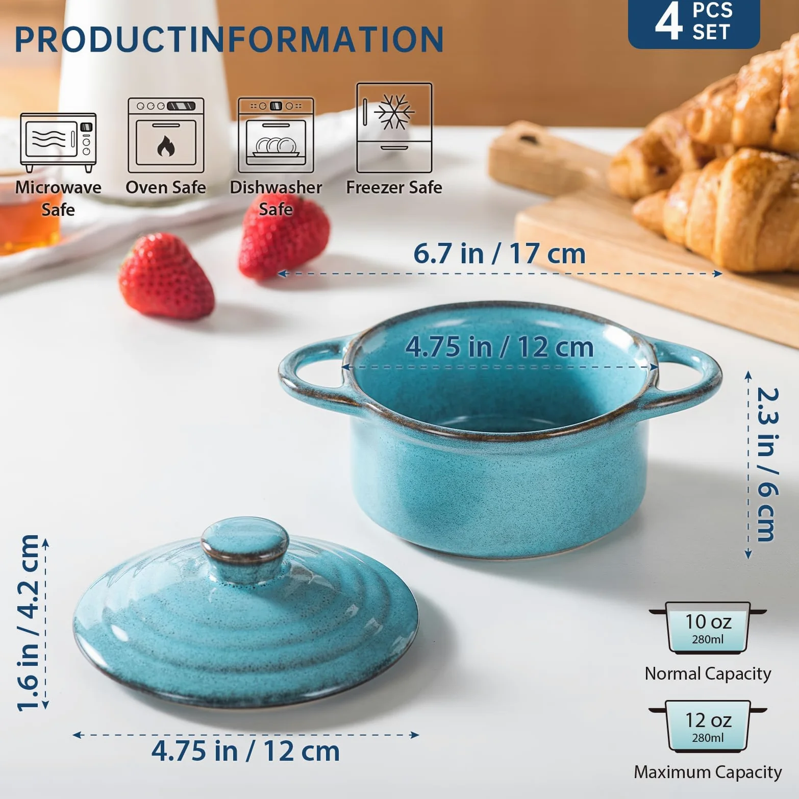 HENXFEN LEAD Cazuela de cerámica, 350 ml, mini ramequines de soufflé de cocottes con tapas y asas, juego de 4 moldes pequeños para hornear, azul reactivo