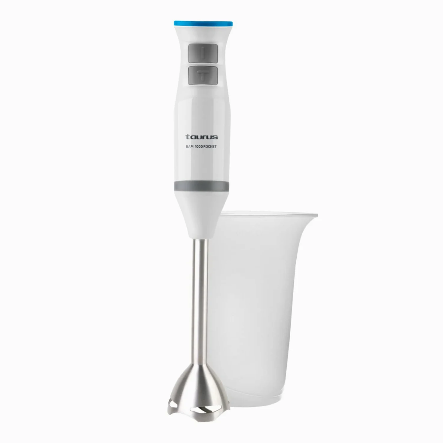 Taurus Bapi 1000 Rocket Inox - Batidora de mano. Bate y pica. 1000W. Incluye vaso medidor. Anti Salpicaduras. 20 velocidades. Función Turbo. Agarre soft-touch. Inox.