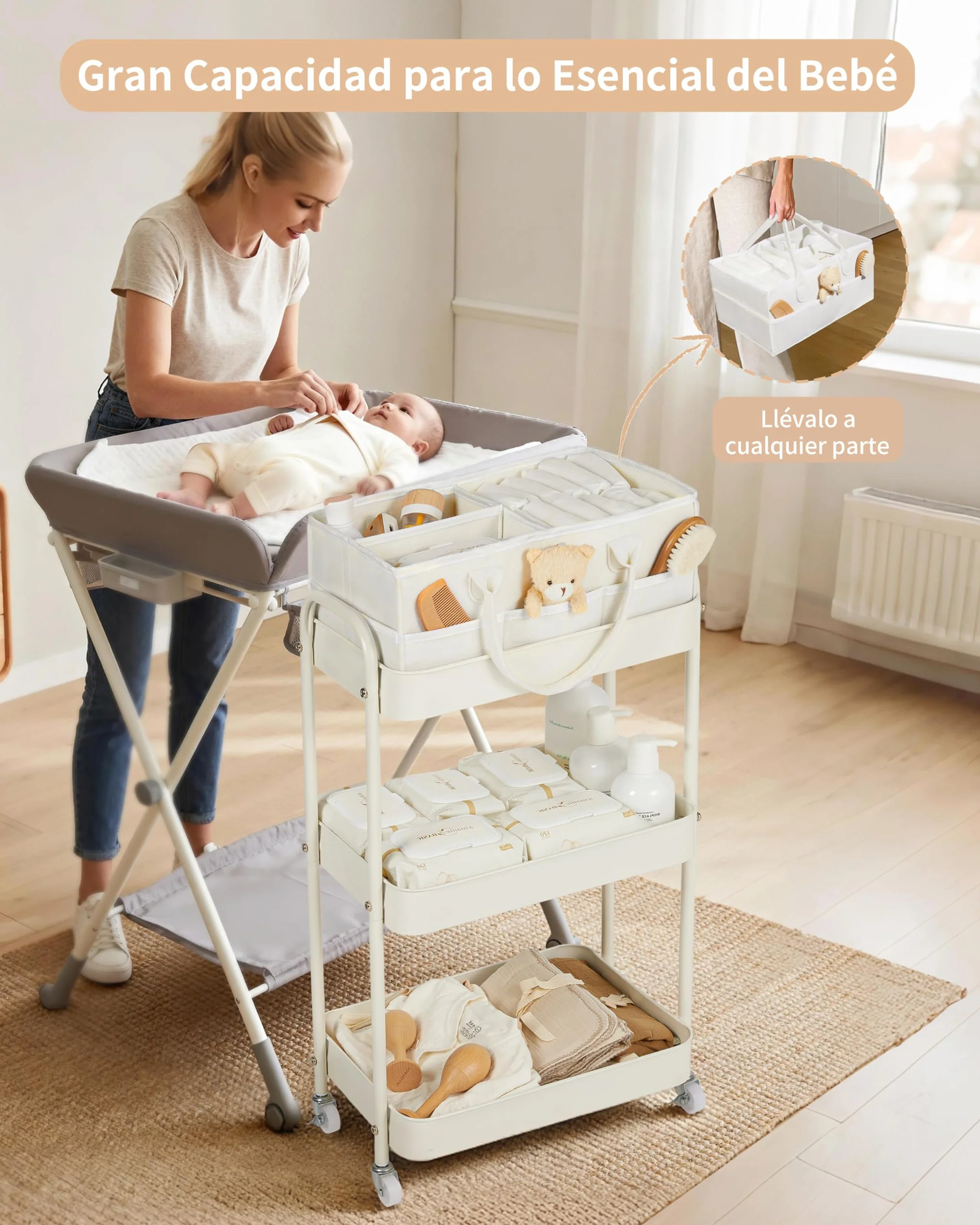 Fortella Carrito Auxiliar 3 Niveles, Cesta Bebe Recien Nacido Fieltro Portátil, Almacenamiento Hogar, Organizador Pañales, Multifuncional Carrito Cocina Baño (Beige)