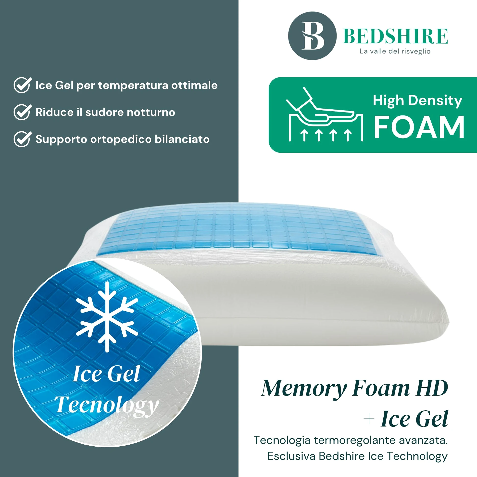 Bedshire Pillow - Almohada cervical para dormir, ortopédica, refrescante, almohada con espuma viscoelástica HD, funda de algodón con gel termorregulador desenfundable de 13 cm de altura, fabricada en