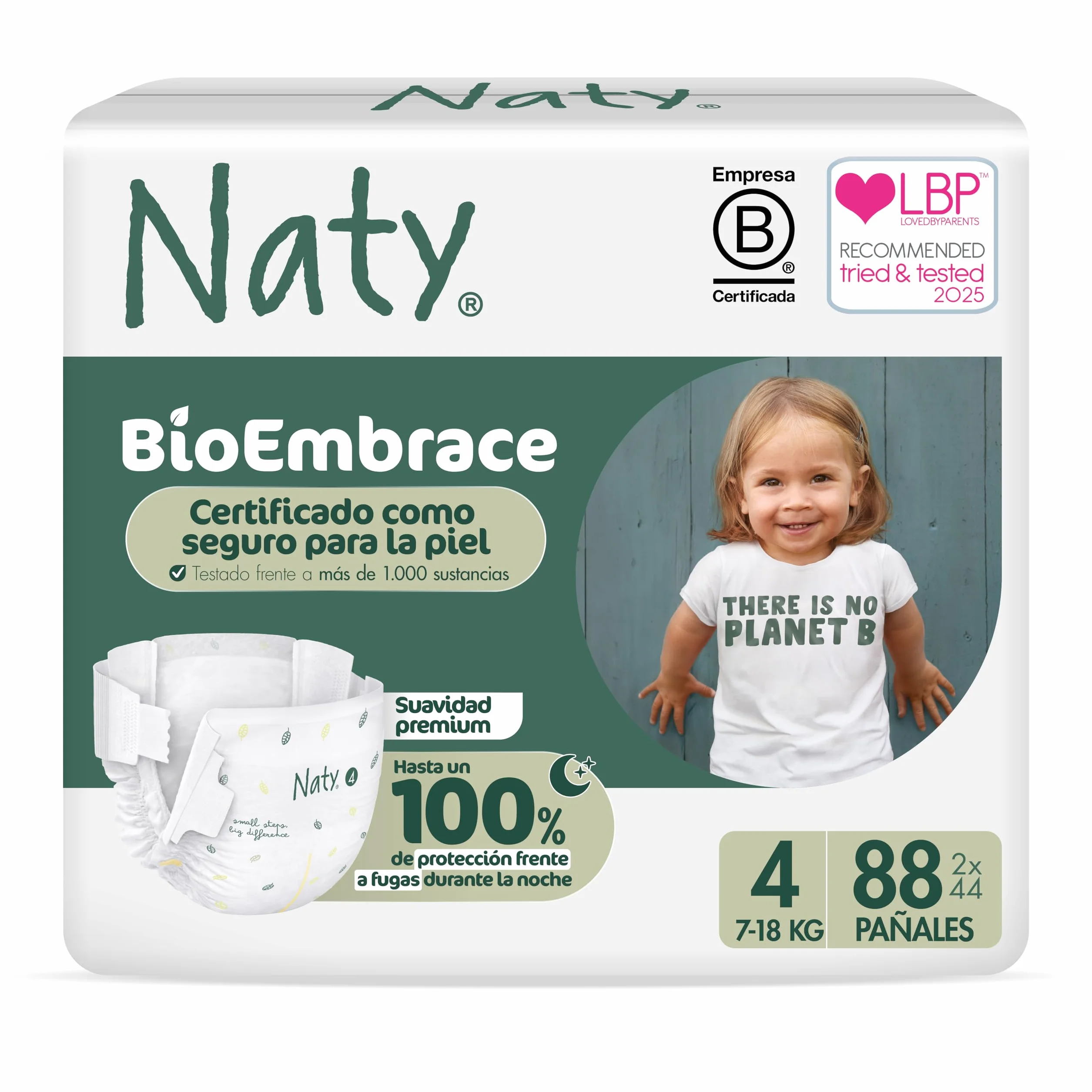 Naty BioEmbrace Pañales Bebé Talla 4 (7-18 kg) 88 unidades Protección antifugas Suavidad vegetal Sin cloro