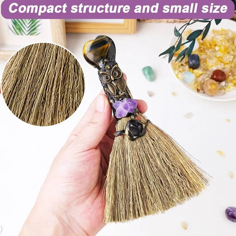Mini Escoba de Altar de Bruja de Cristal Natural - Pequeño Palo Hecho a Mano para Ritual Wicca - Decoración de Halloween para Hogar y Coche