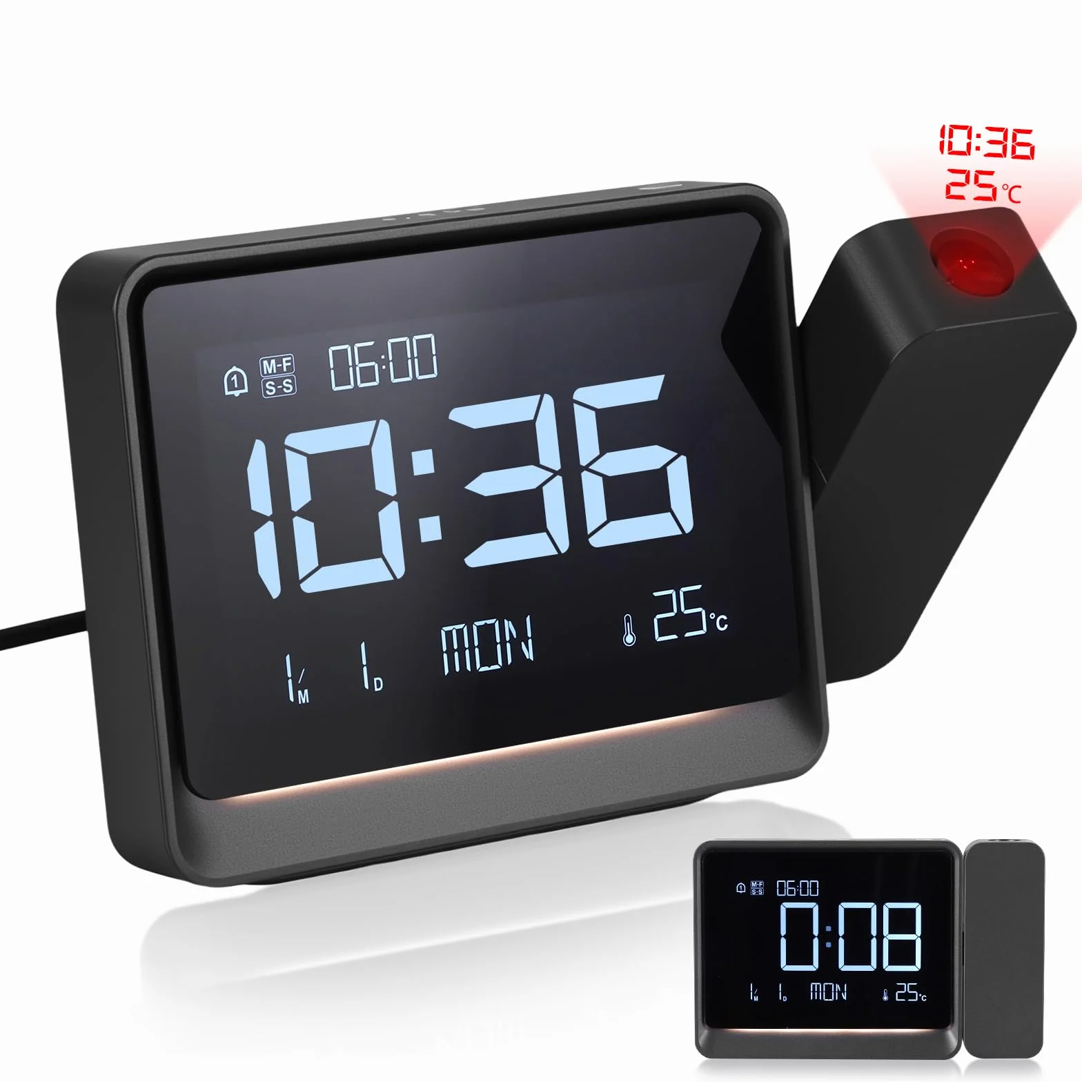 Despertador Proyector Techo,Relojes de Proyección Digital con Temperatura,Modo día laborable/Fin de Semana,Fecha,Bluetooth,Snooze,Luz Nocturna,12/24 Horas,4 Niveles de Brillo Ajustable para Dormitorio